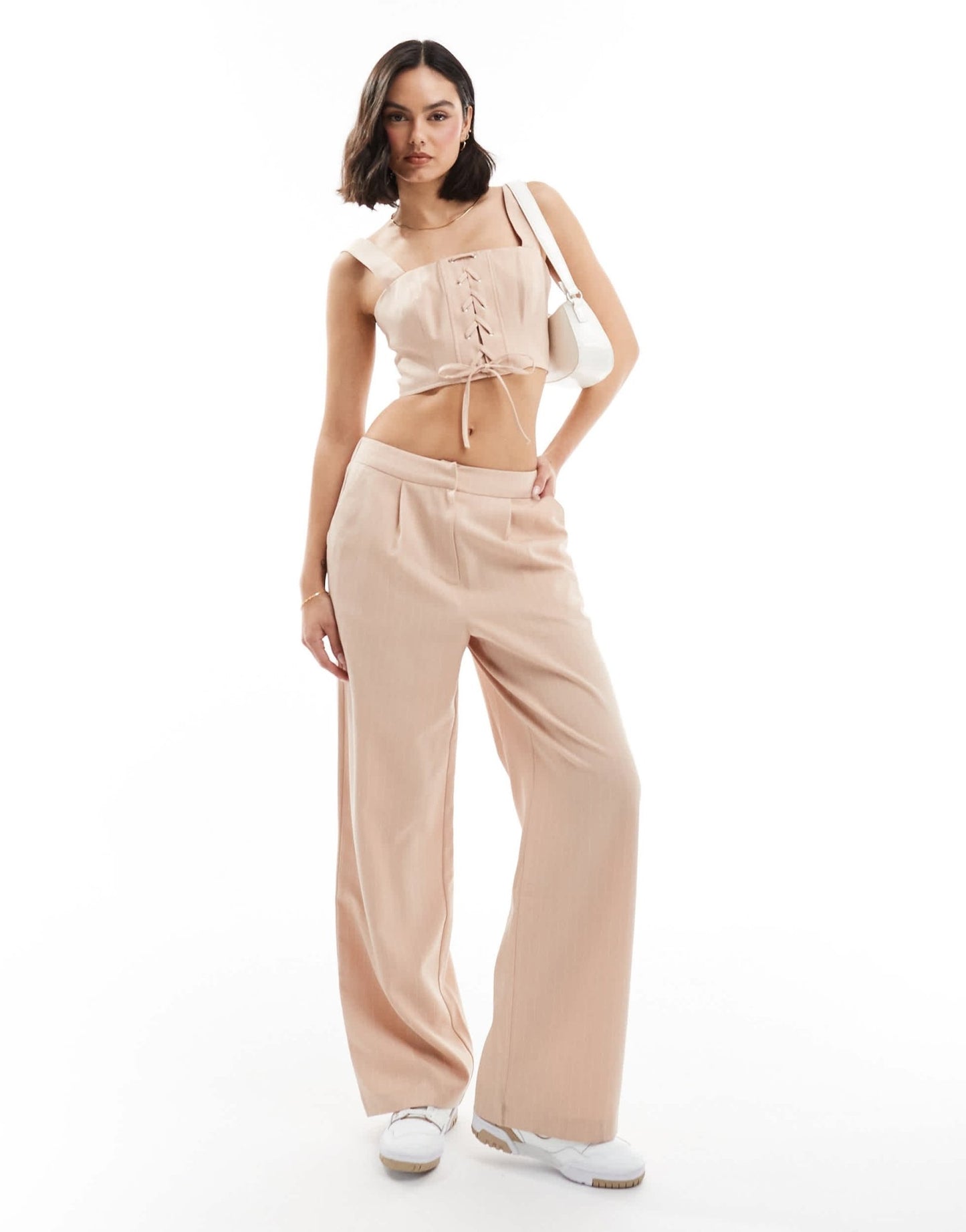 Miss Selfridge lace up corset crop top co ord in pink pinstripe - ASOS Sample Sale