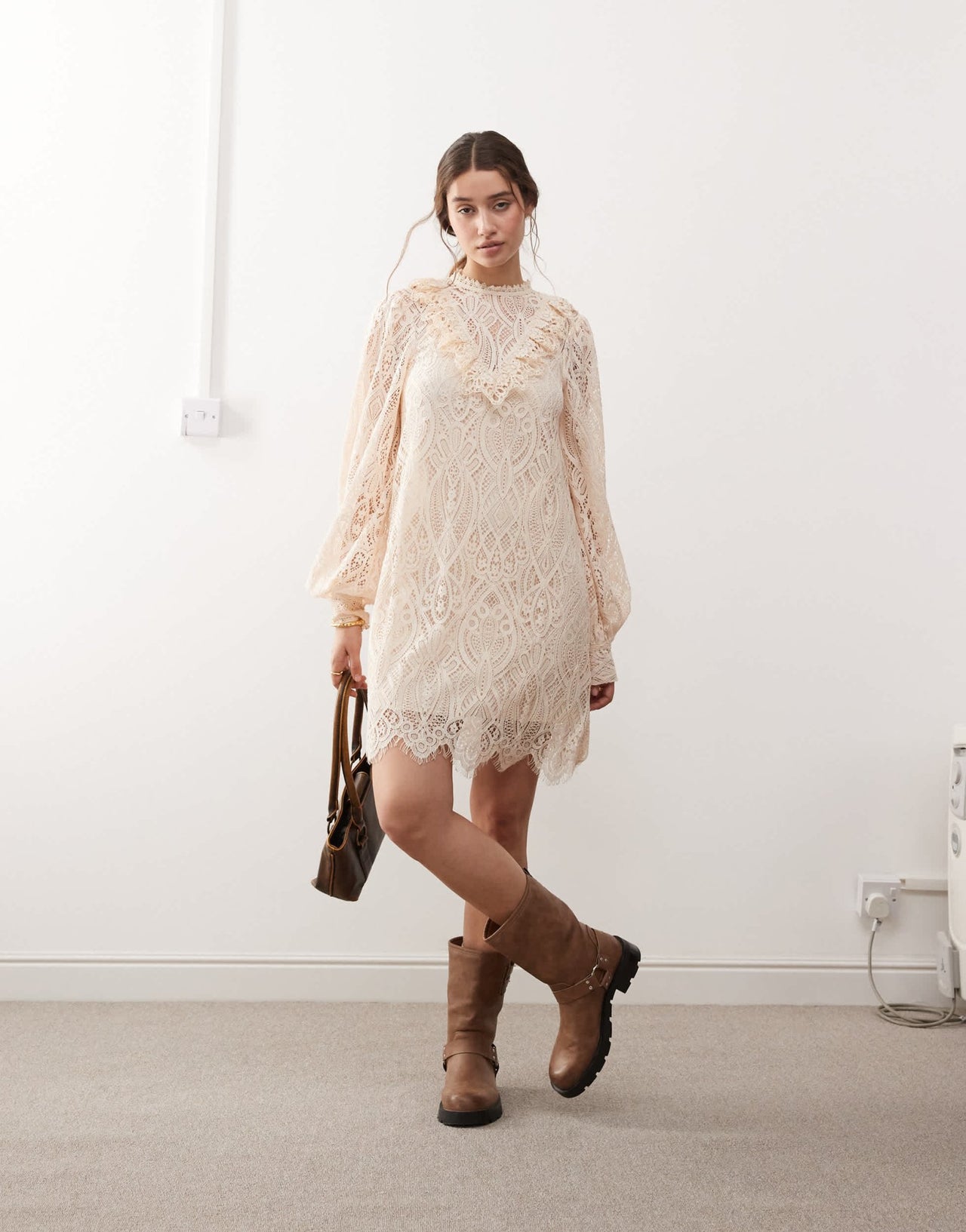 Miss Selfridge lace victoriana mini dress in light pink - ASOS Sample Sale
