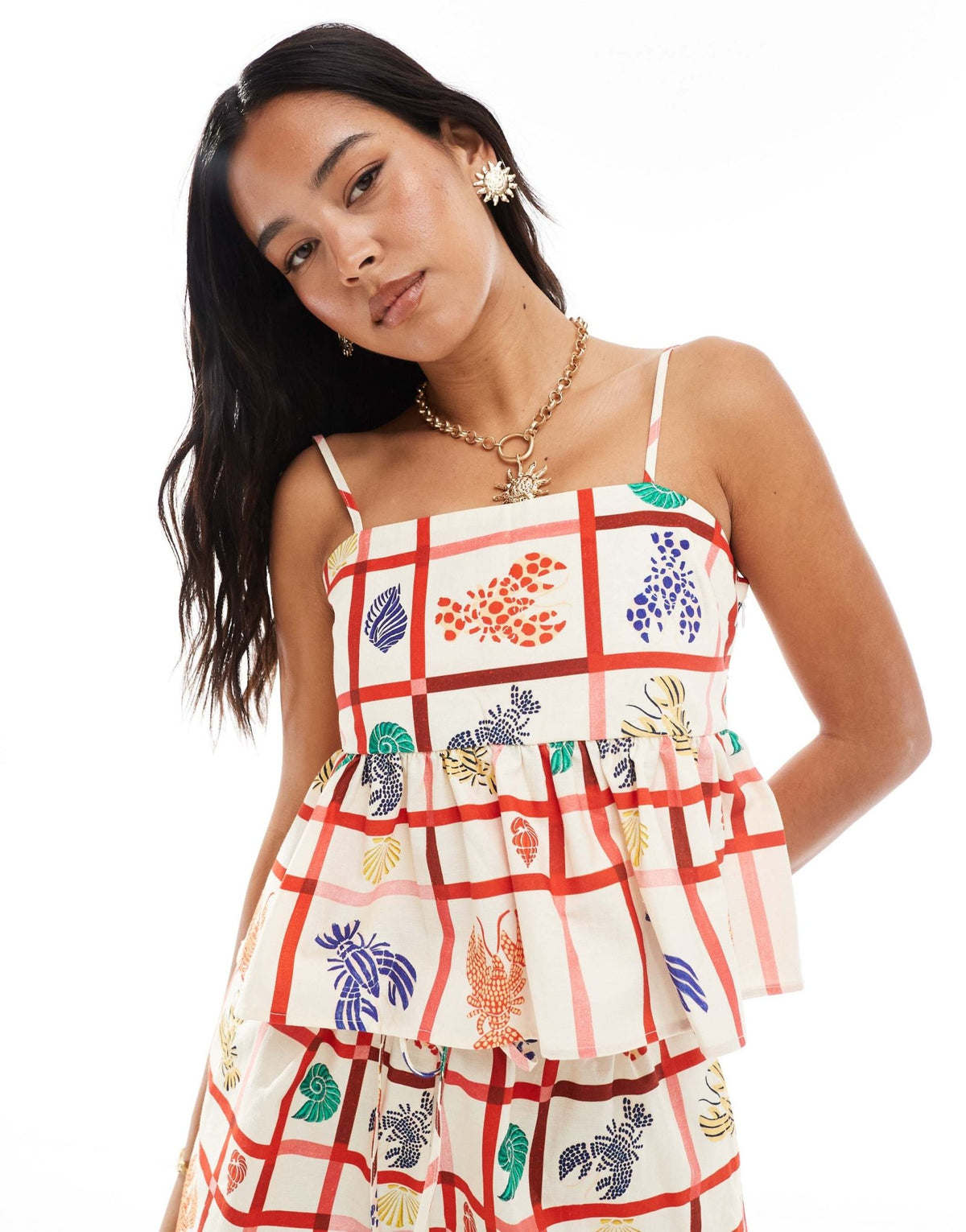 Miss Selfridge linen baby doll cami top co-ord in lobster print - ASOS Sample Sale