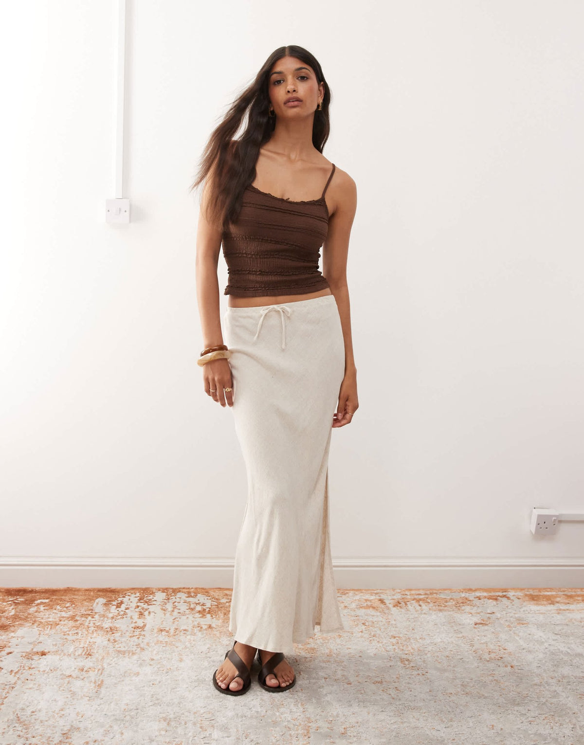 Miss Selfridge linen blend bias maxi skirt in stone - ASOS Sample Sale