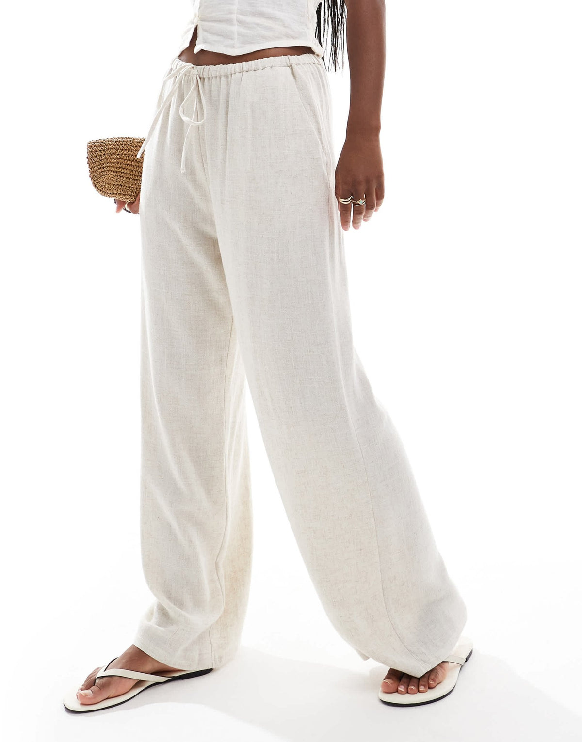 Miss Selfridge linen blend drawstring waist wide leg trousers in stone - ASOS Sample Sale
