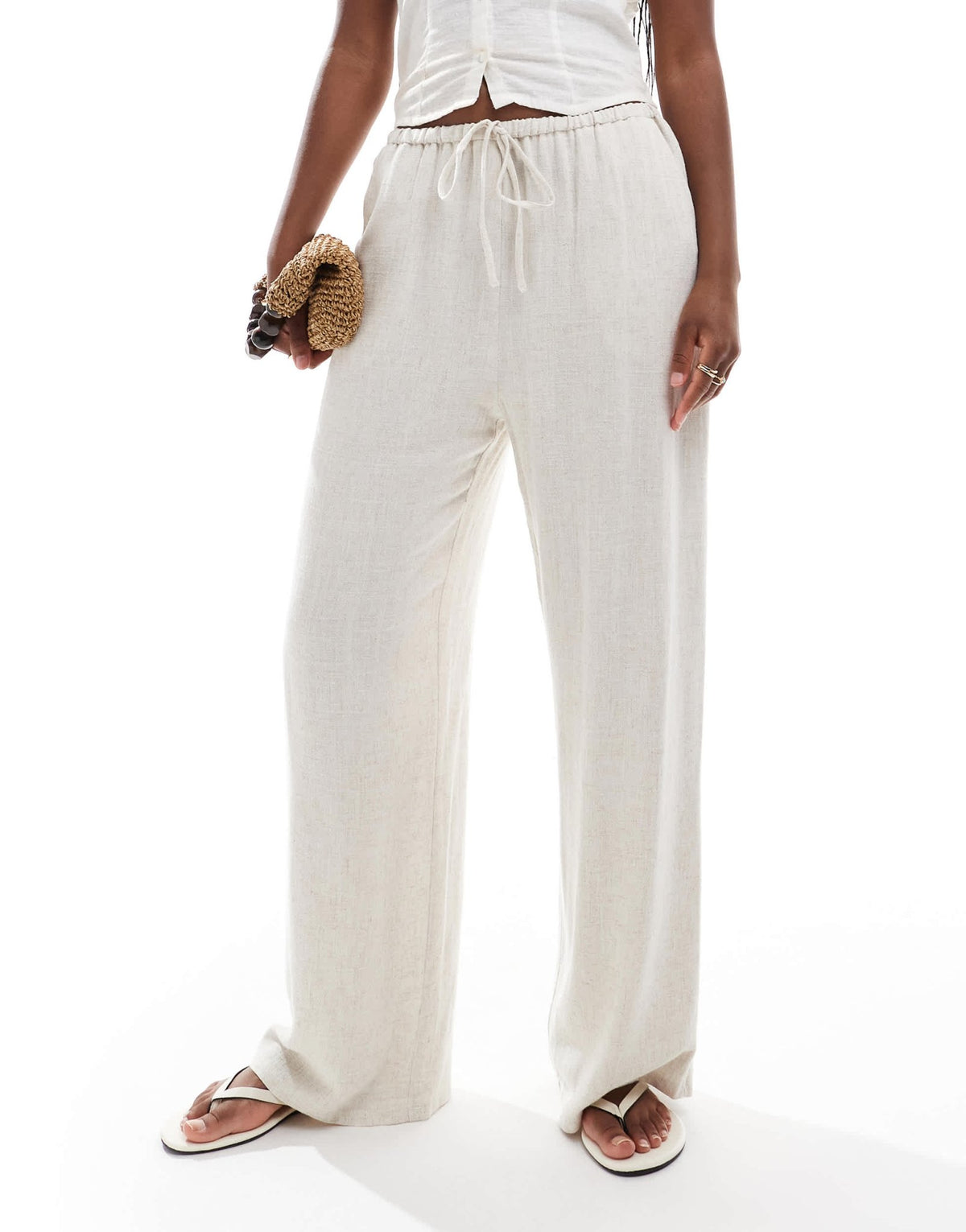 Miss Selfridge linen blend drawstring waist wide leg trousers in stone - ASOS Sample Sale