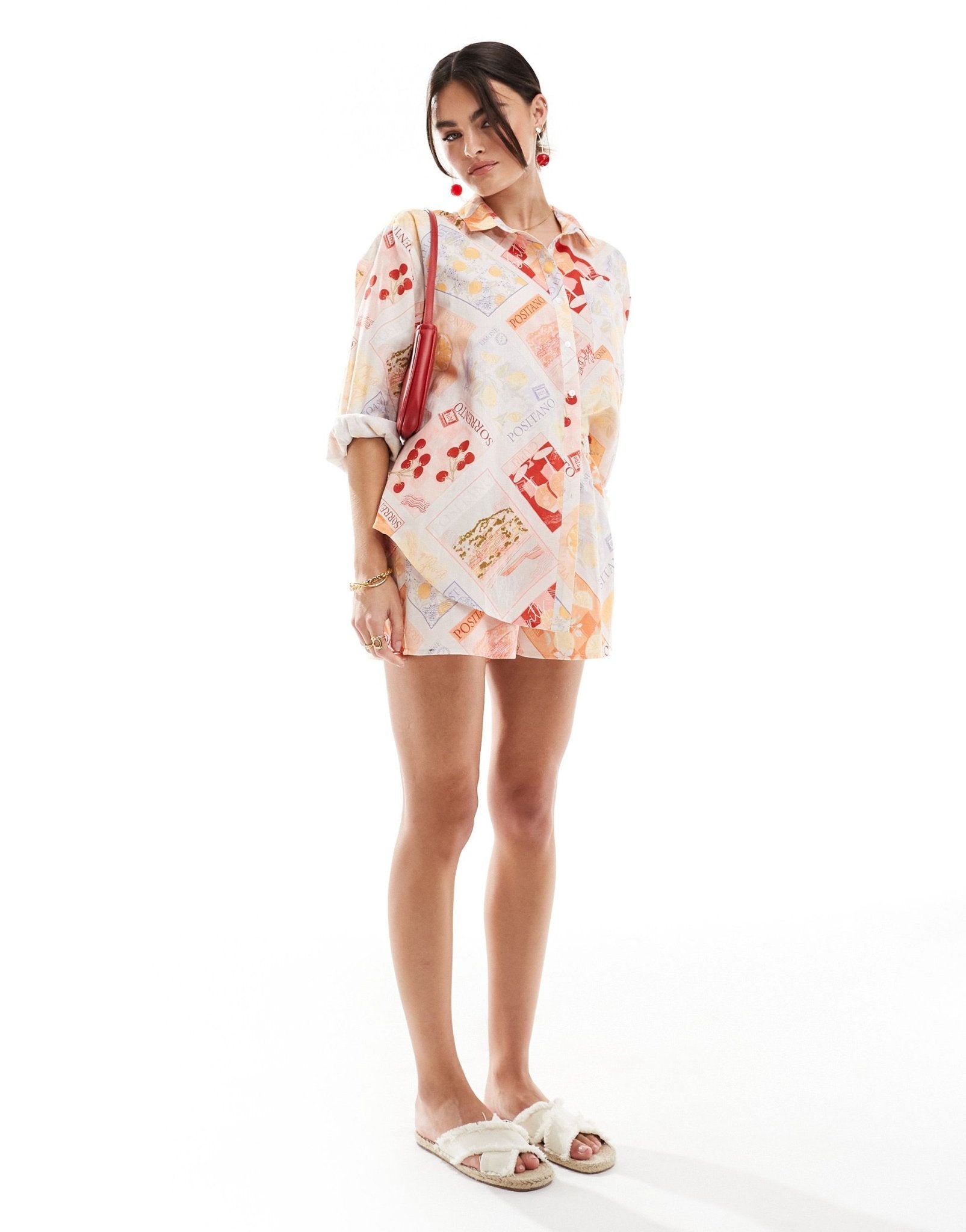 Miss Selfridge linen blend oversized shirt in postcard print – ASOS ...