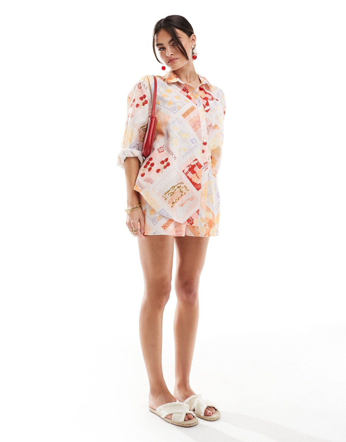 Miss Selfridge linen blend oversized shirt in postcard print - ASOS Sample Sale