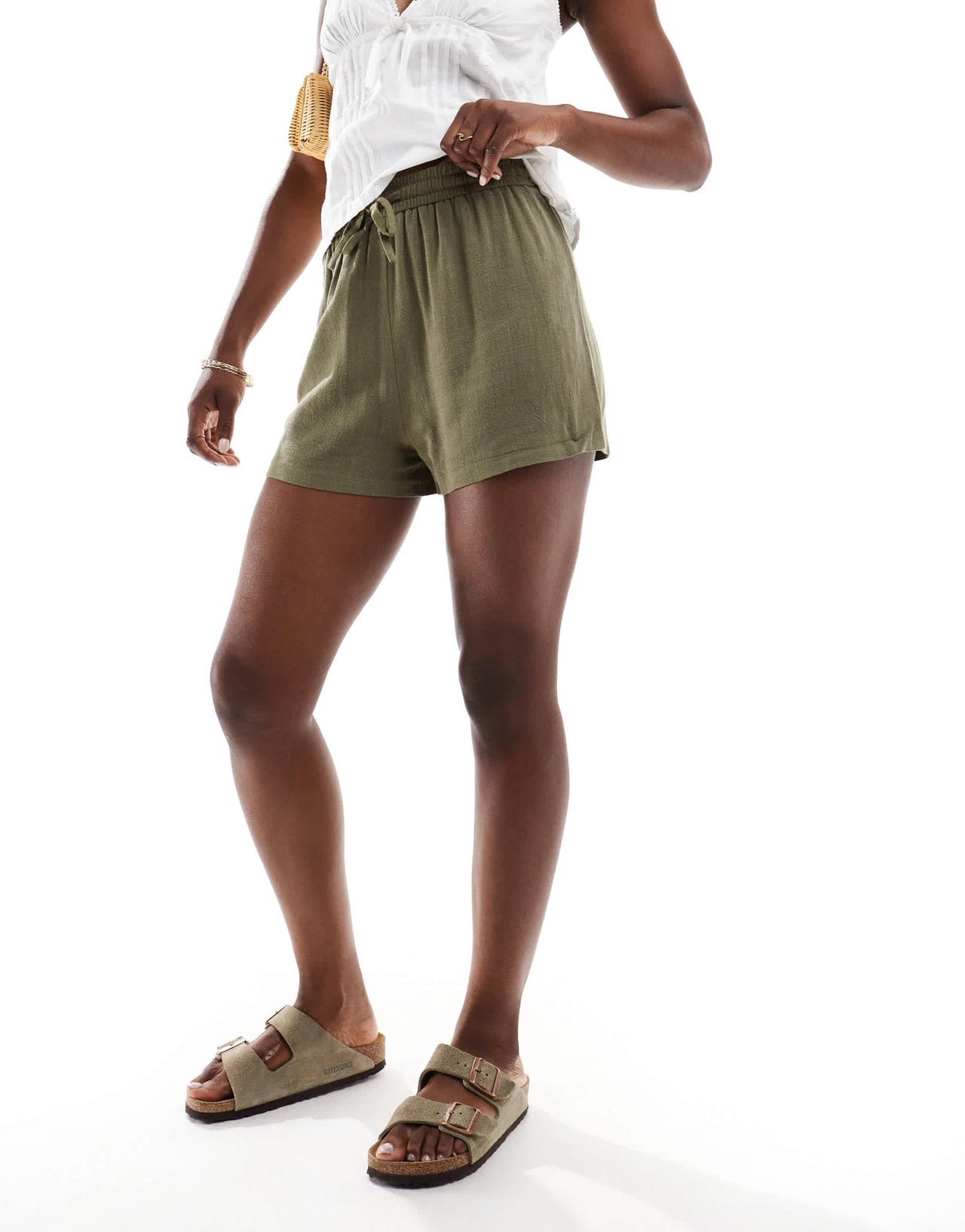 Miss Selfridge linen blend pull on shorts in khaki - ASOS Sample Sale
