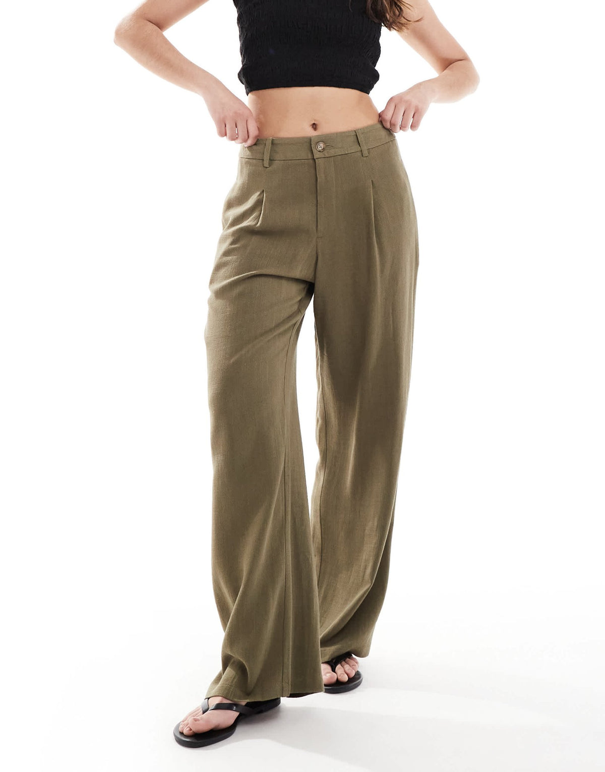 Miss Selfridge linen blend tailored wide leg trousers in khaki - ASOS Sample Sale