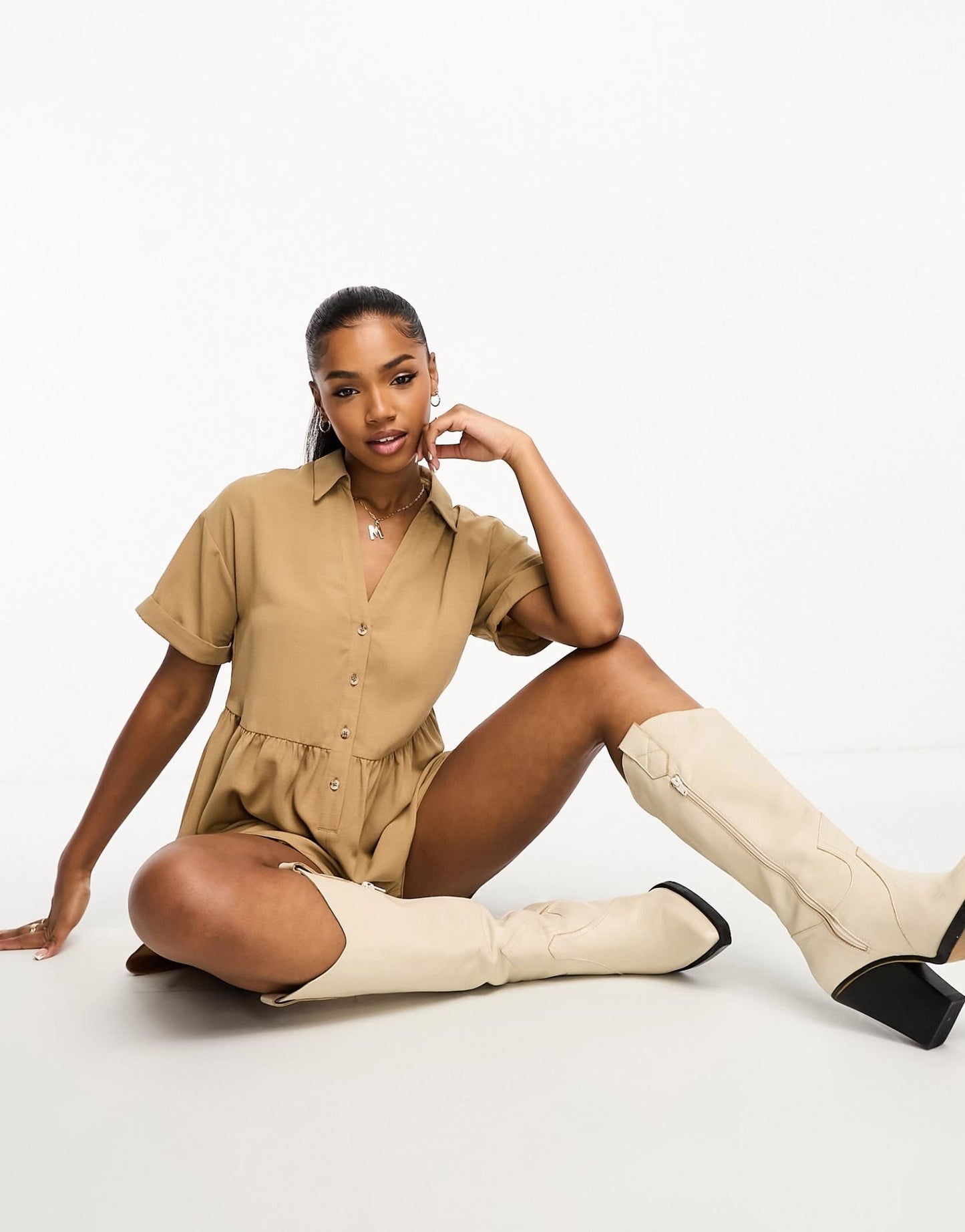 Miss Selfridge linen look soft shirt playsuit in stone - ASOS Sample Sale