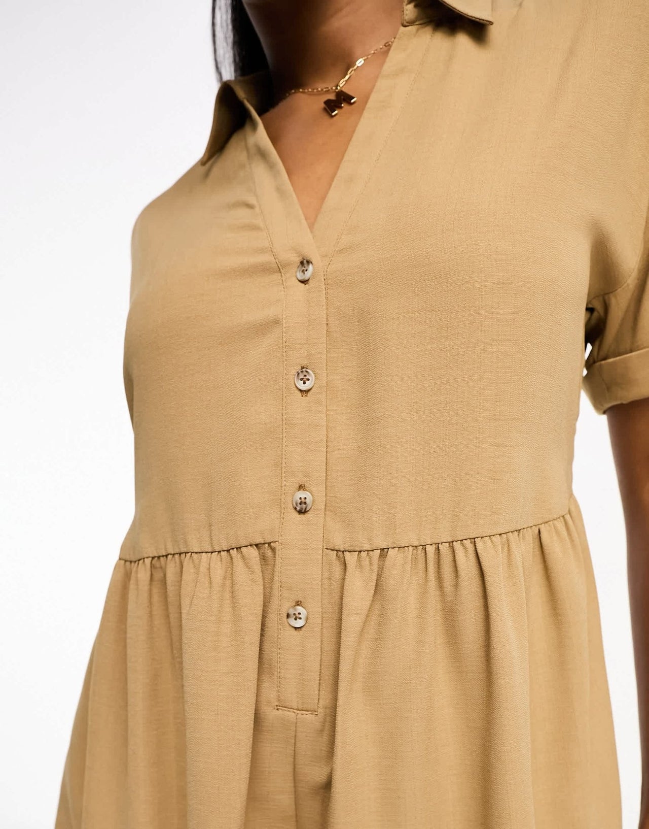 Miss Selfridge linen look soft shirt playsuit in stone - ASOS Sample Sale