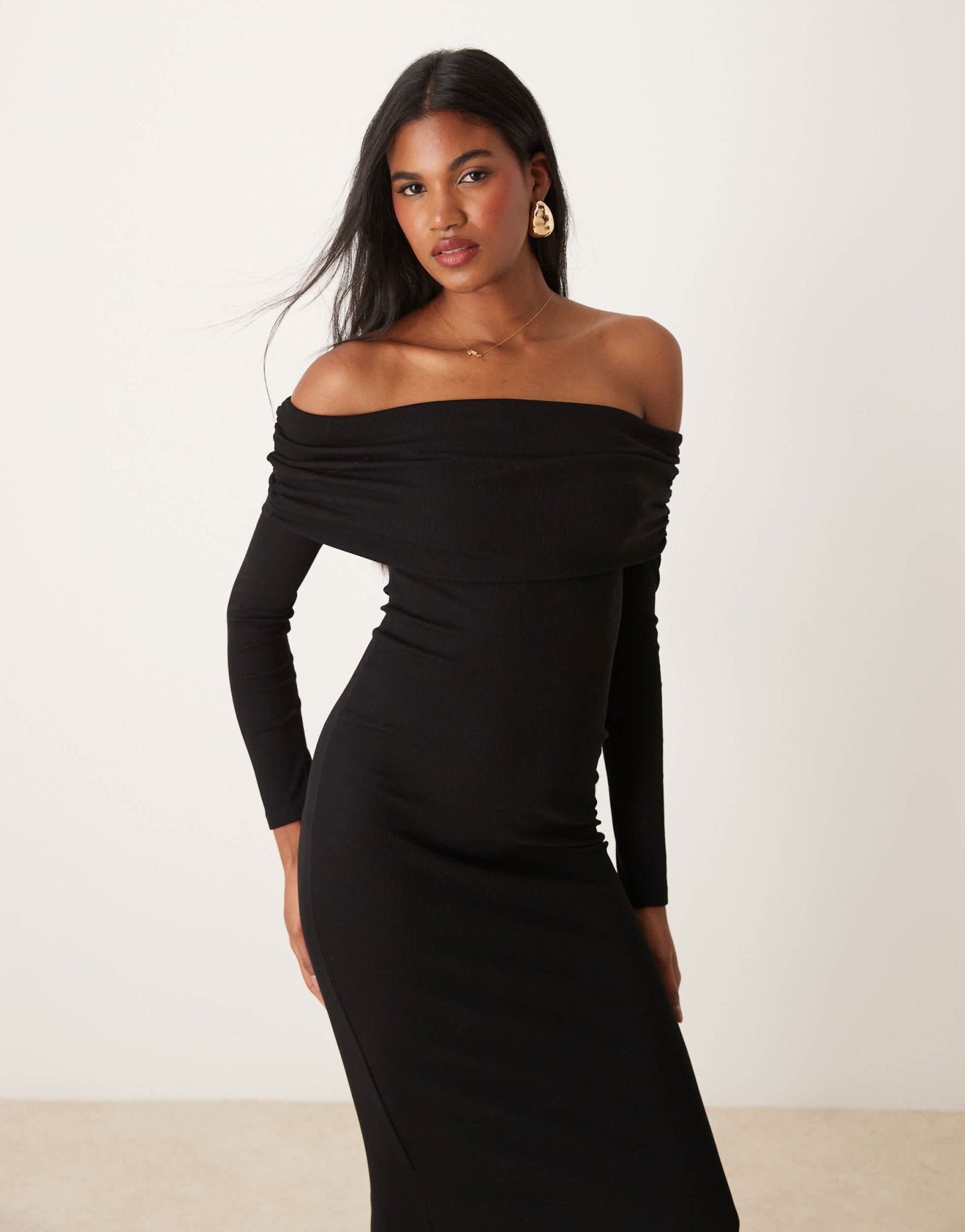 Miss Selfridge long sleeve bardot maxi dress in black - ASOS Sample Sale