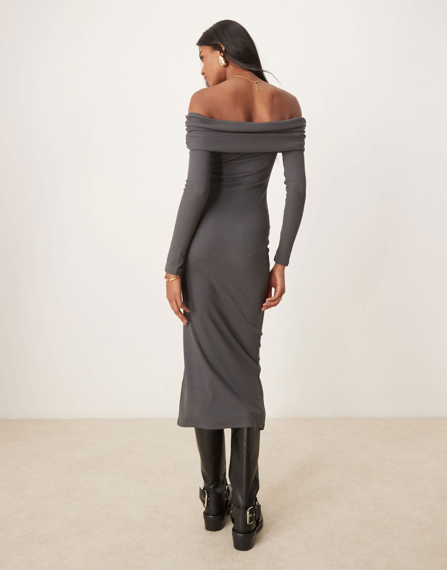 Miss Selfridge long sleeve bardot maxi dress in grey - ASOS Sample Sale