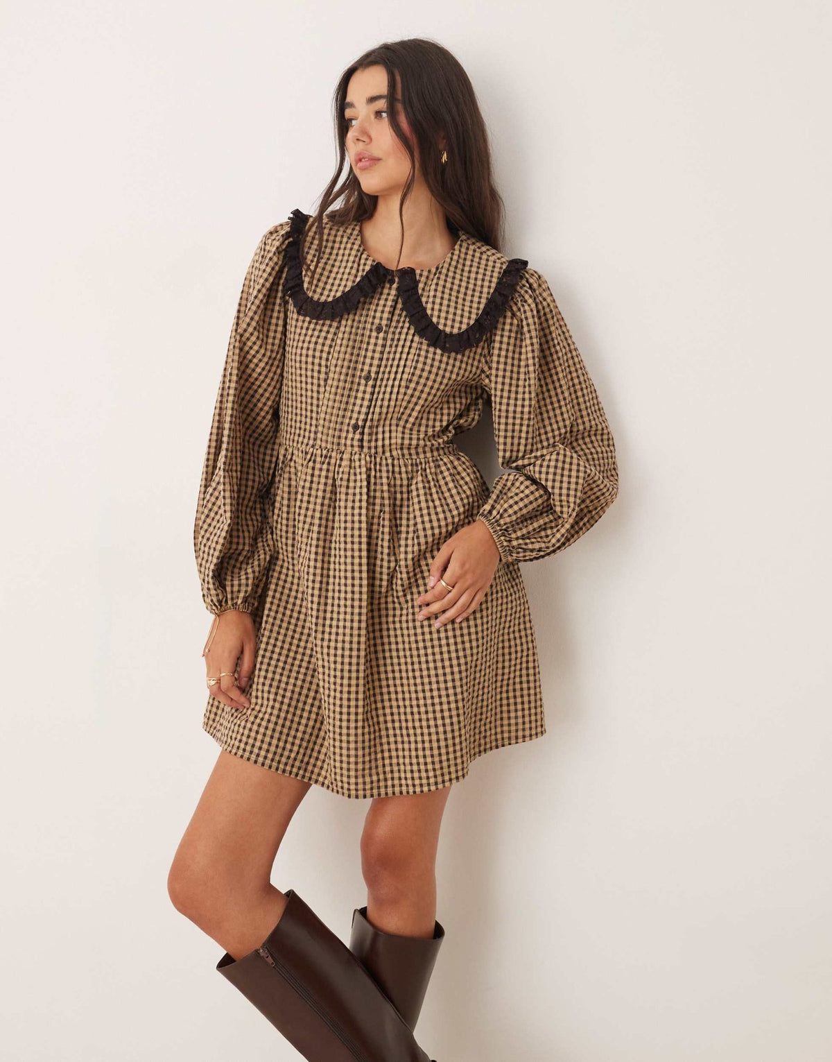 Miss Selfridge long sleeve collar tea dress in check - ASOS Sample Sale