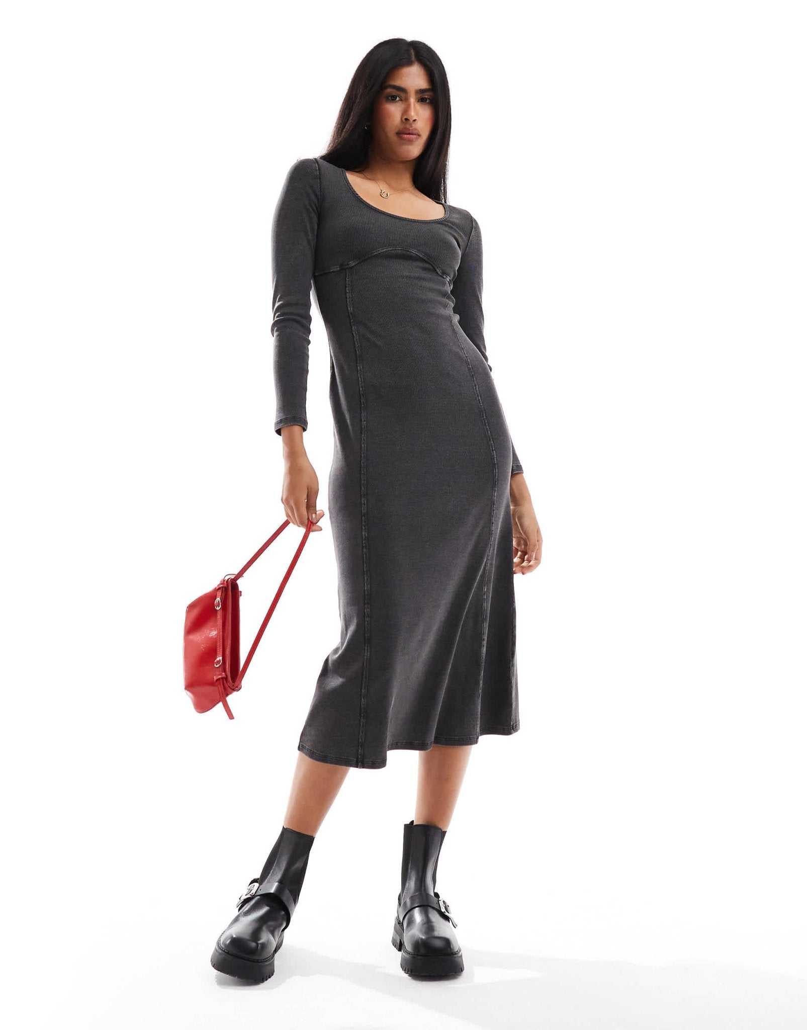 Miss Selfridge long sleeve corset scoop maxi dress in washed charcoal ...