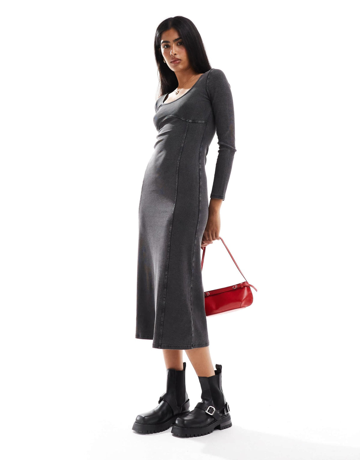Miss Selfridge long sleeve corset scoop maxi dress in washed charcoal - ASOS Sample Sale