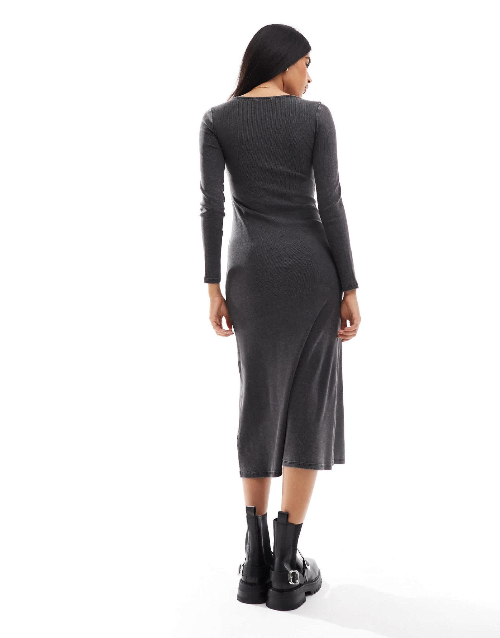 Miss Selfridge long sleeve corset scoop maxi dress in washed charcoal ...