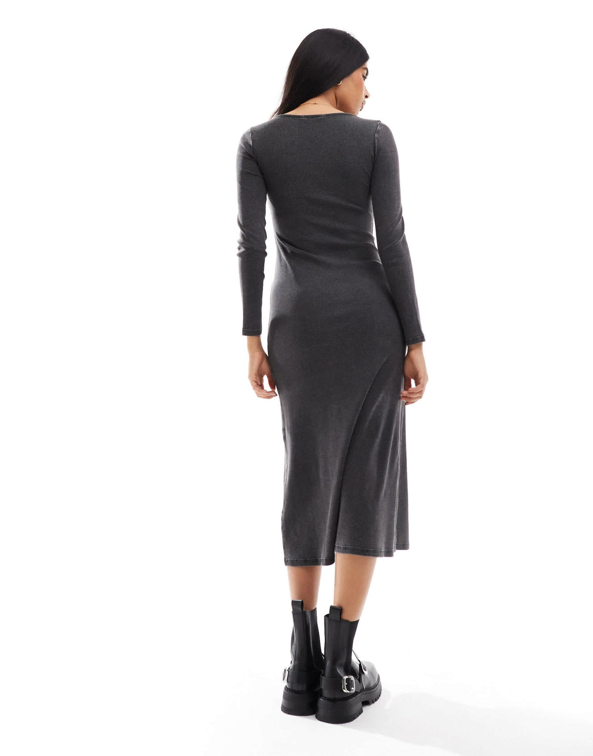 Miss Selfridge long sleeve corset scoop maxi dress in washed charcoal - ASOS Sample Sale