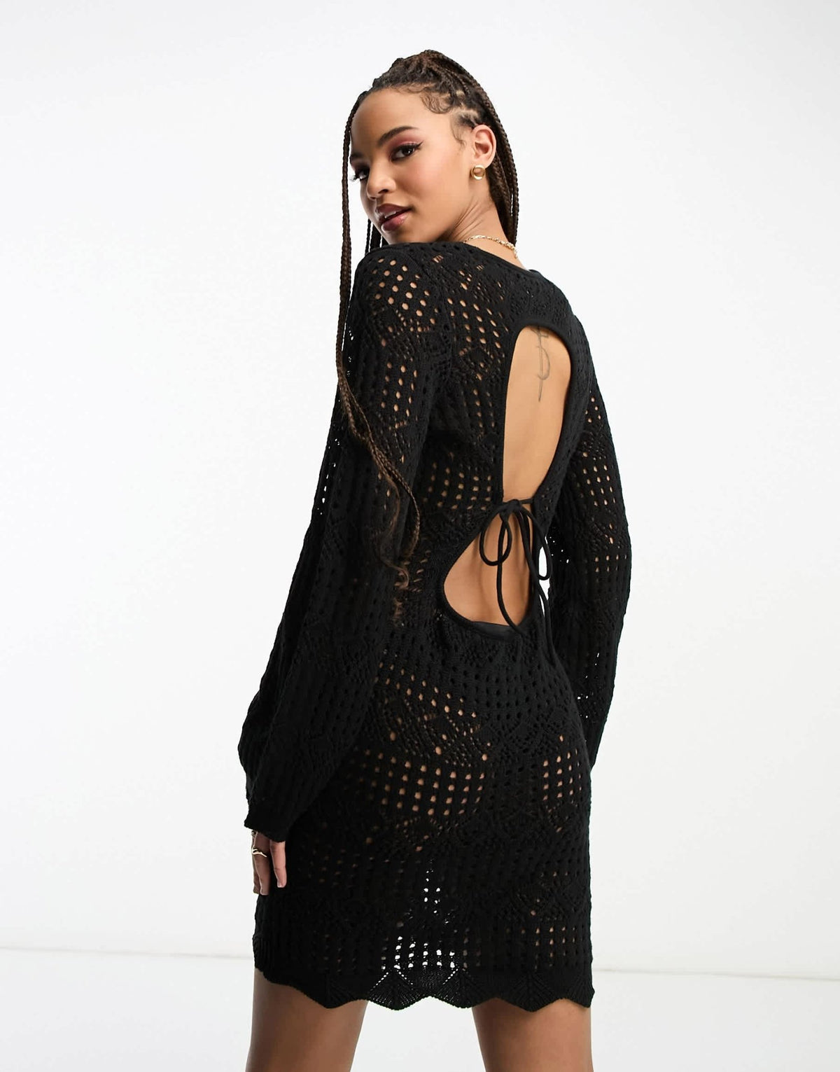 Miss Selfridge long sleeve open back crochet dress in black - ASOS Sample Sale