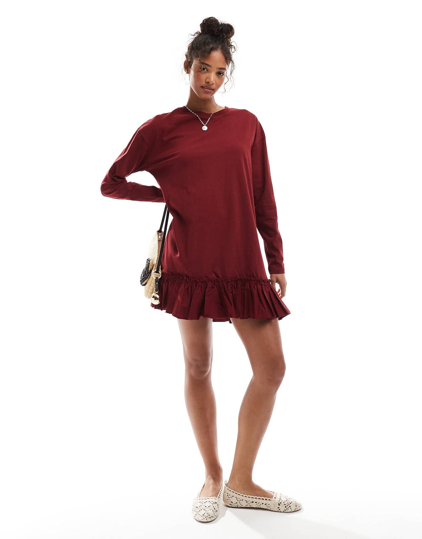 Miss Selfridge long sleeve poplin frill detail t-shirt dress in burgundy