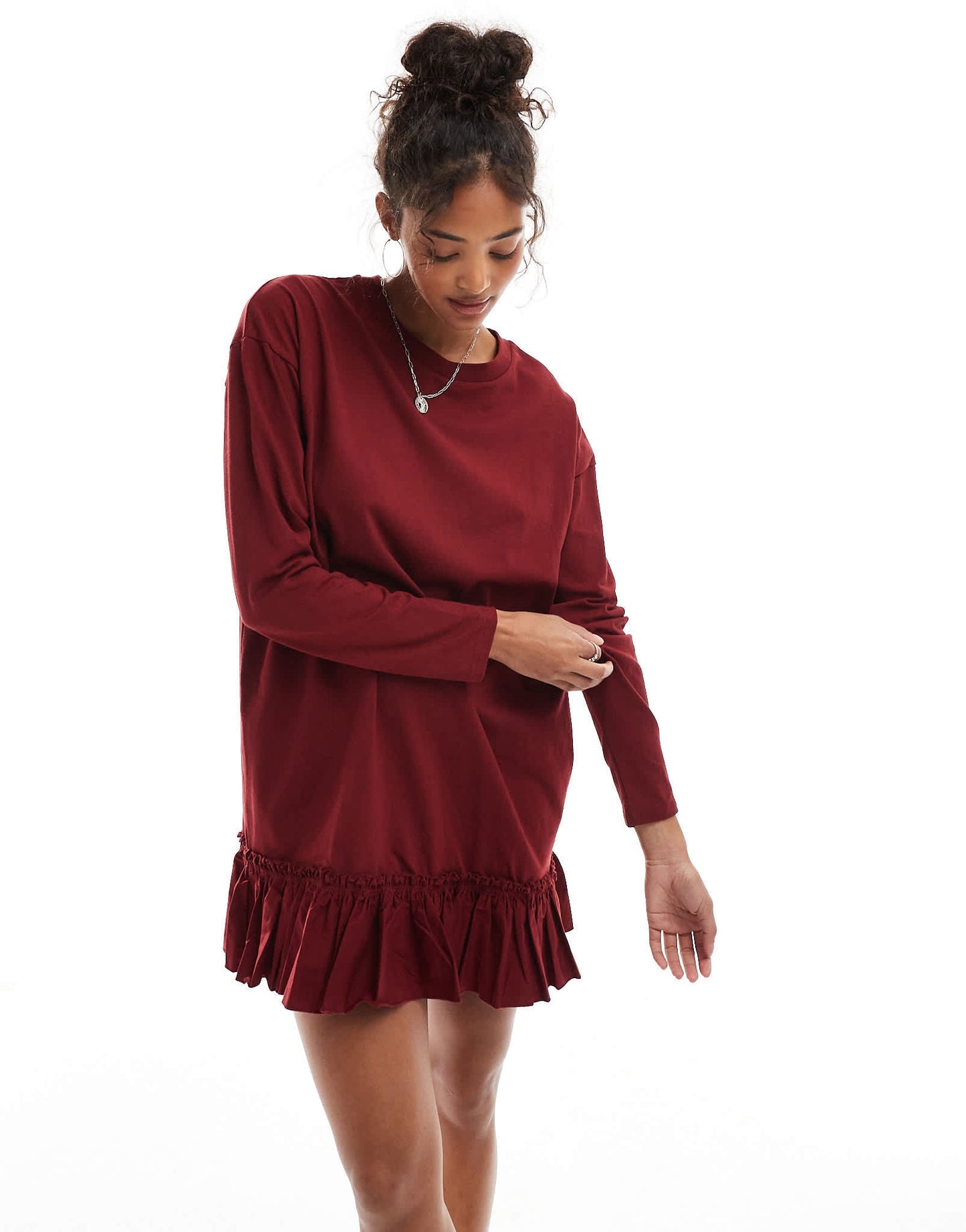 Miss Selfridge long sleeve poplin frill detail t-shirt dress in burgundy - ASOS Sample Sale