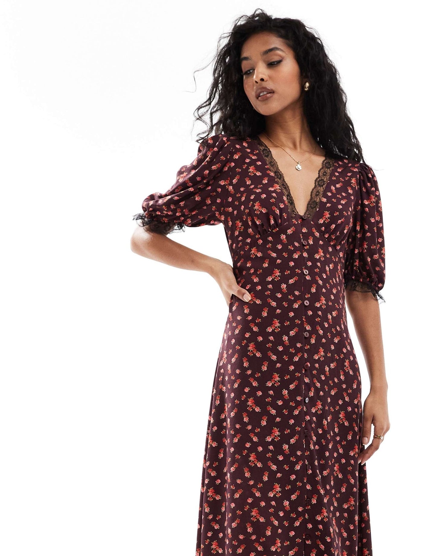 Miss Selfridge maxi tea dress in burgundy floral - ASOS Sample Sale