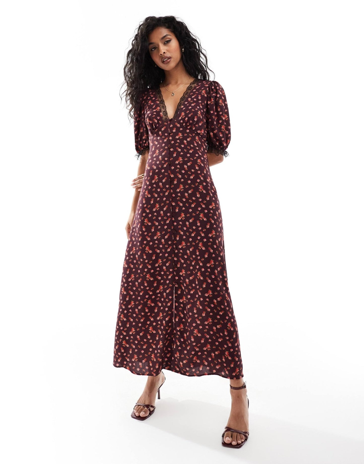 Miss Selfridge maxi tea dress in burgundy floral - ASOS Sample Sale