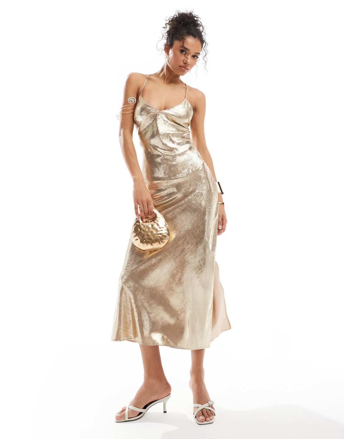 Miss Selfridge metallic lace up back detail strappy maxi dress in gold - ASOS Sample Sale