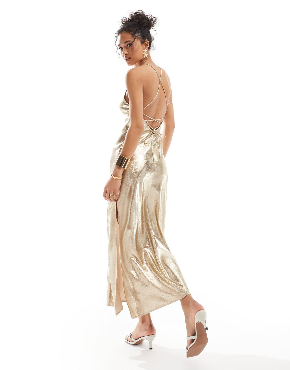 Miss Selfridge metallic lace up back detail strappy maxi dress in gold - ASOS Sample Sale