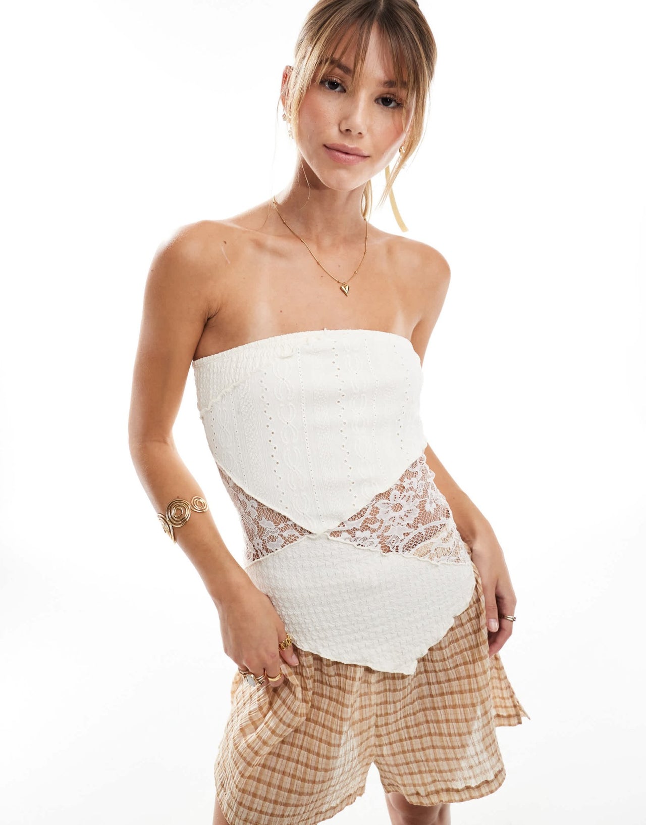 Miss Selfridge mix texture bandeau top in stone - ASOS Sample Sale