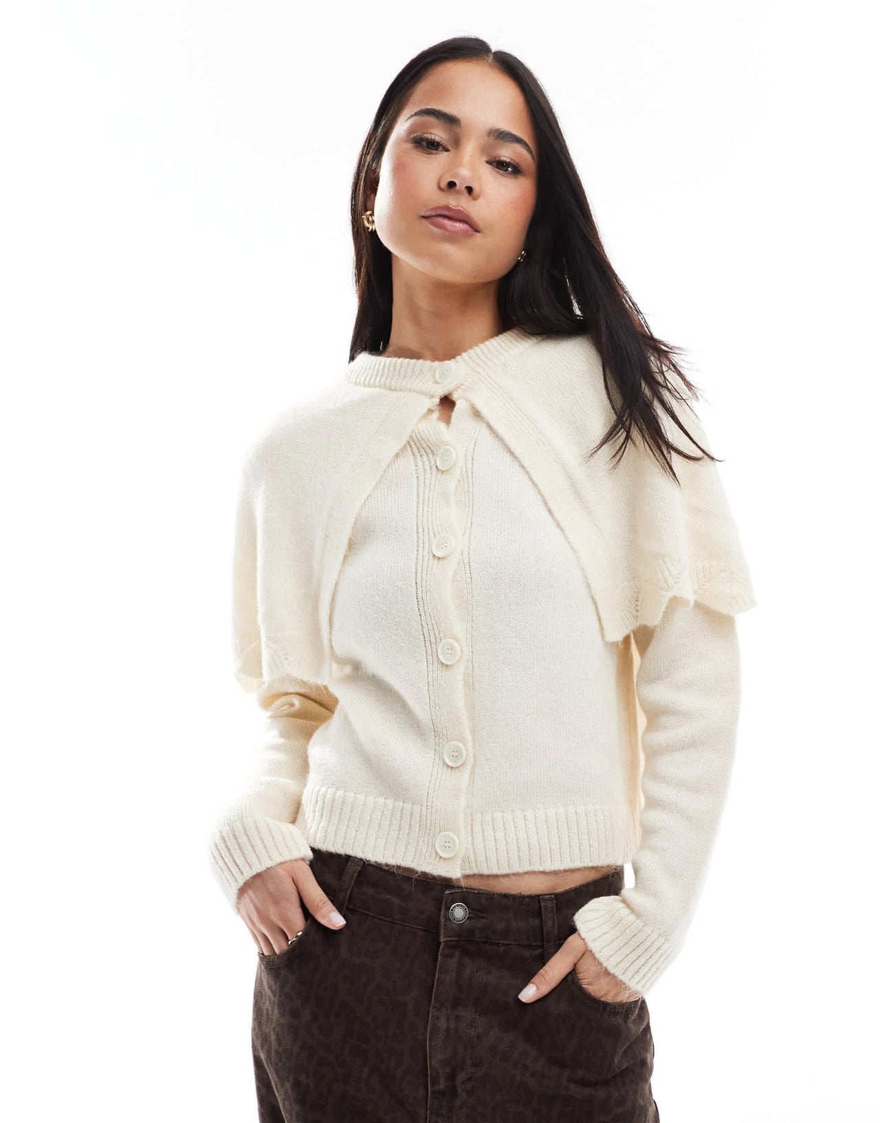 Miss Selfridge mock cape button up cardigan in cream - ASOS Sample Sale