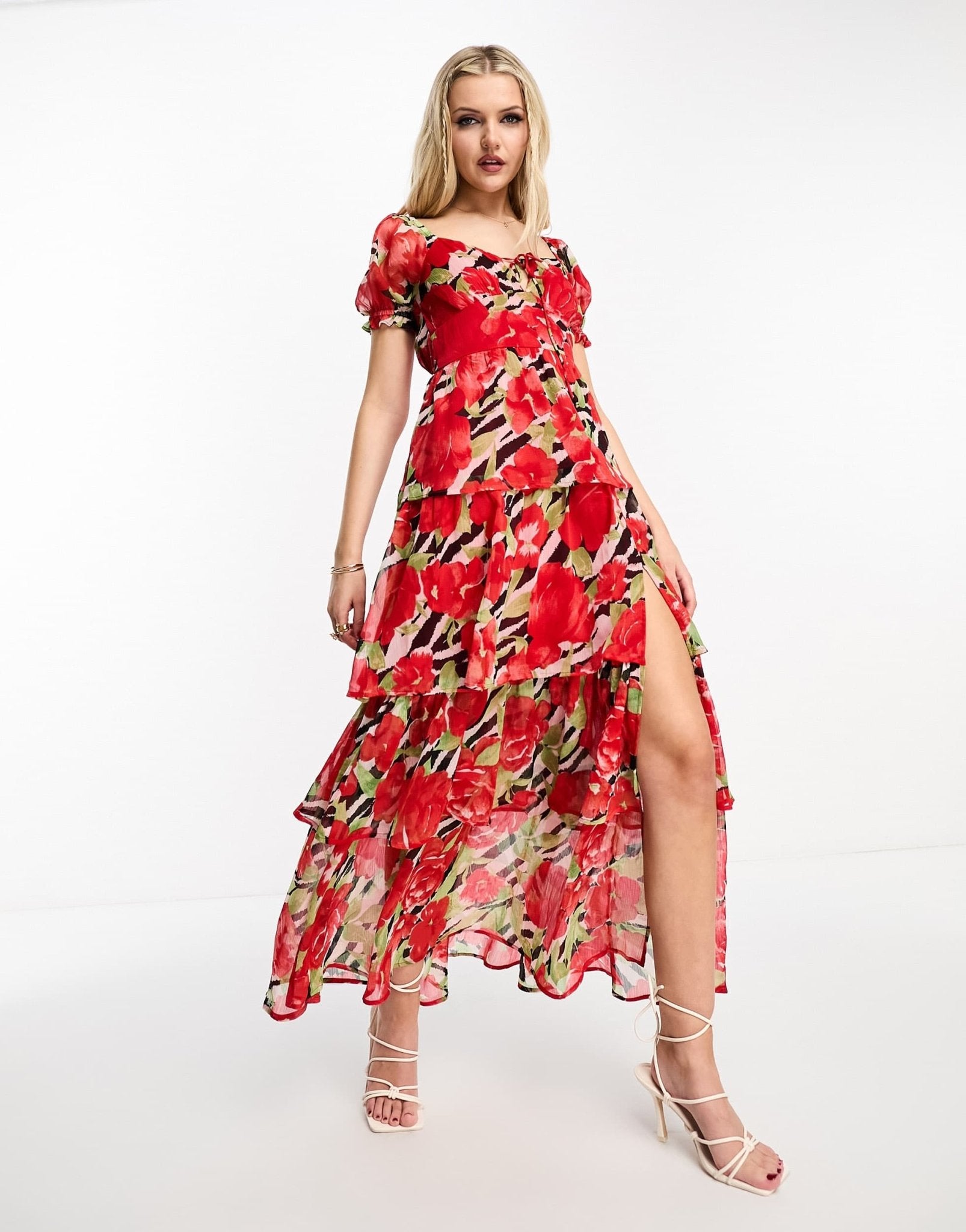 Miss Selfridge occasion chiffon tiered maxi dress in zebra floral - ASOS Sample Sale