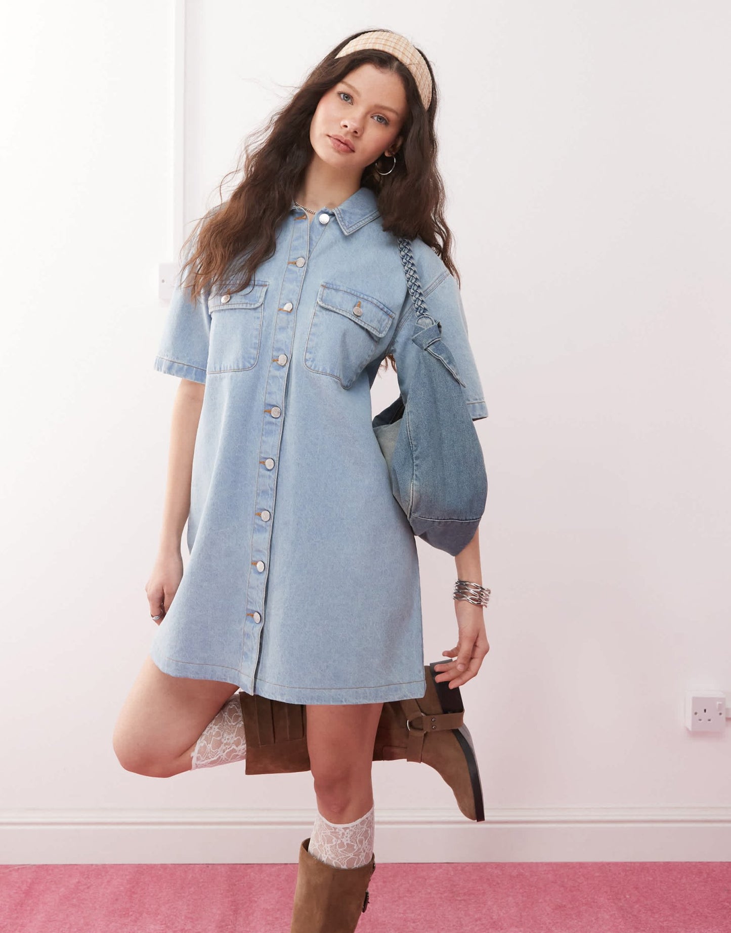 Miss Selfridge oversized short sleeve denim shirt dress in bleach wash - ASOS Sample Sale