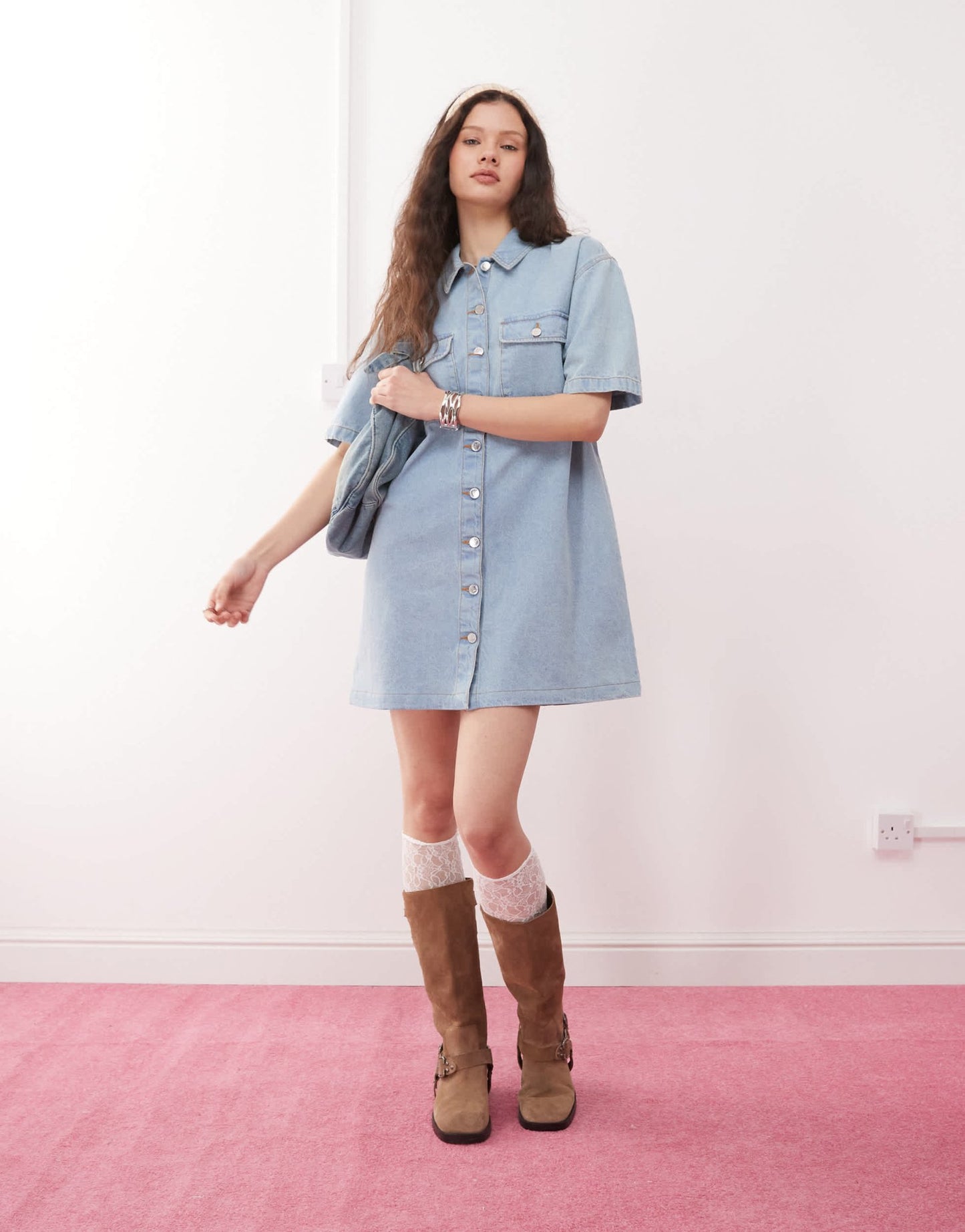 Miss Selfridge oversized short sleeve denim shirt dress in bleach wash - ASOS Sample Sale