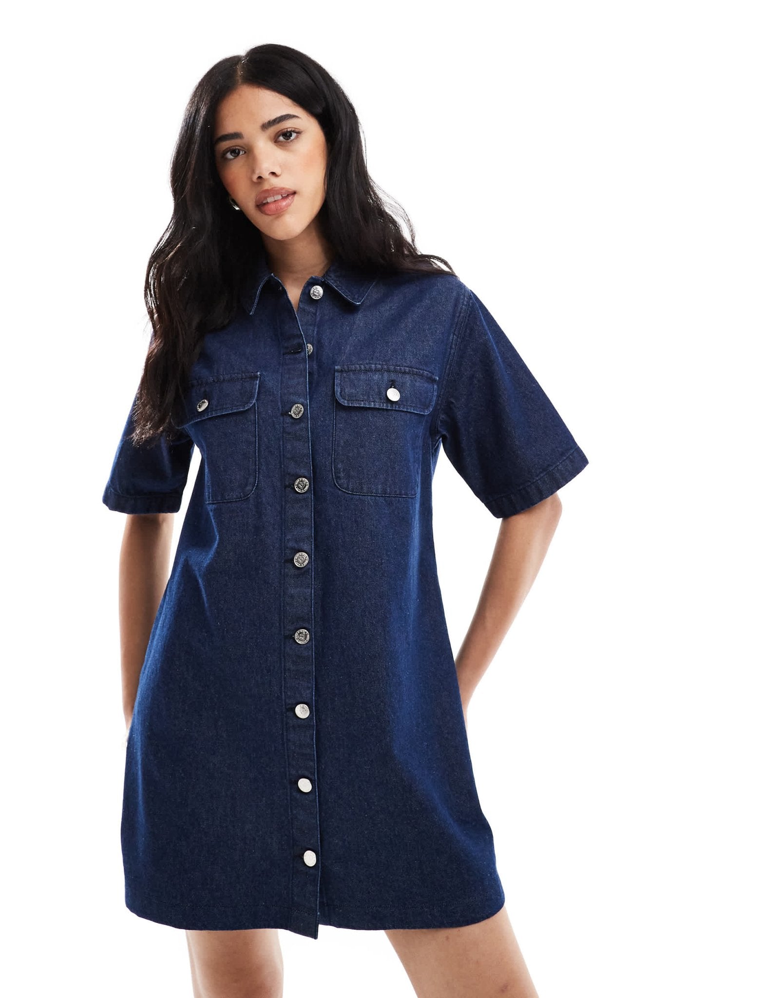 Miss Selfridge oversized short sleeve denim shirt dress in indigo wash - ASOS Sample Sale