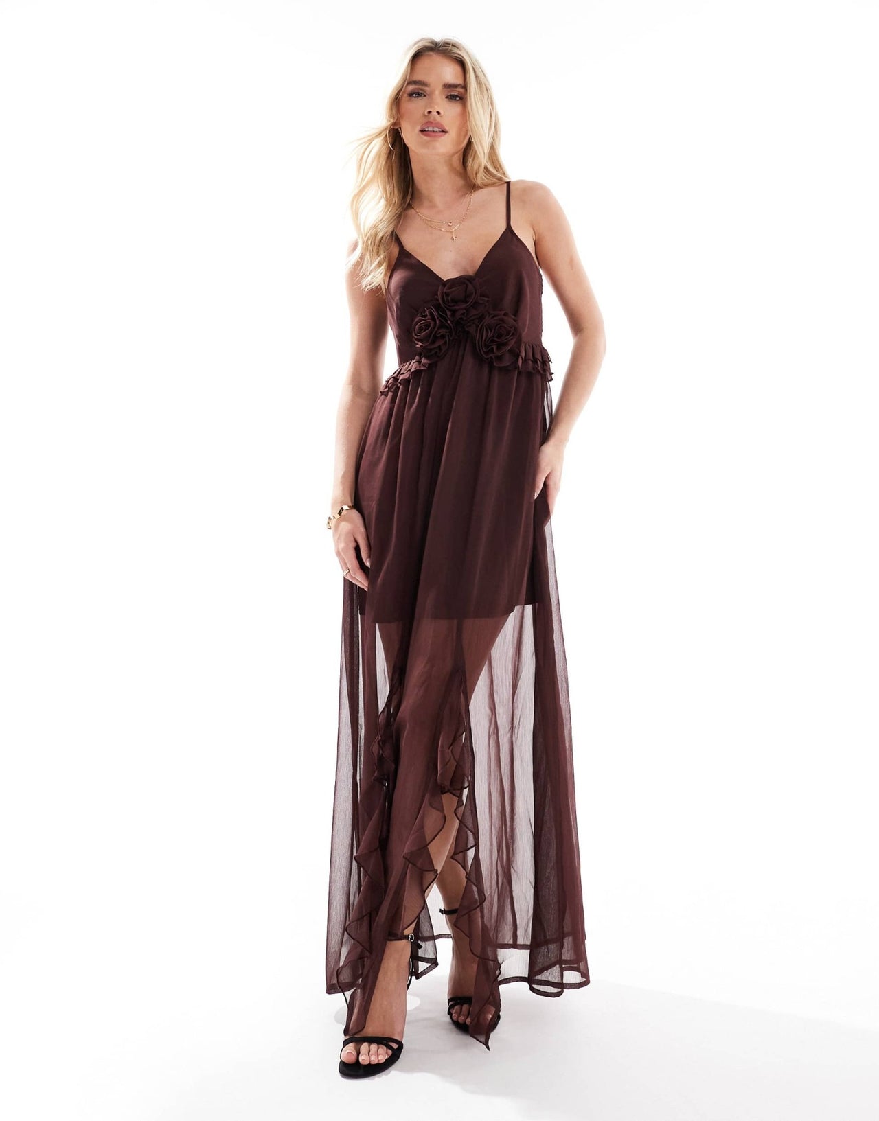 Miss Selfridge Petite boho corsage detail cami maxi in brown - ASOS Sample Sale