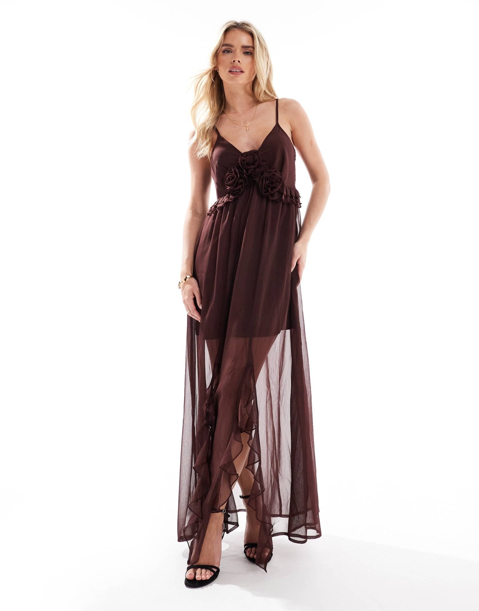 Miss Selfridge Petite boho corsage detail cami maxi in brown - ASOS Sample Sale
