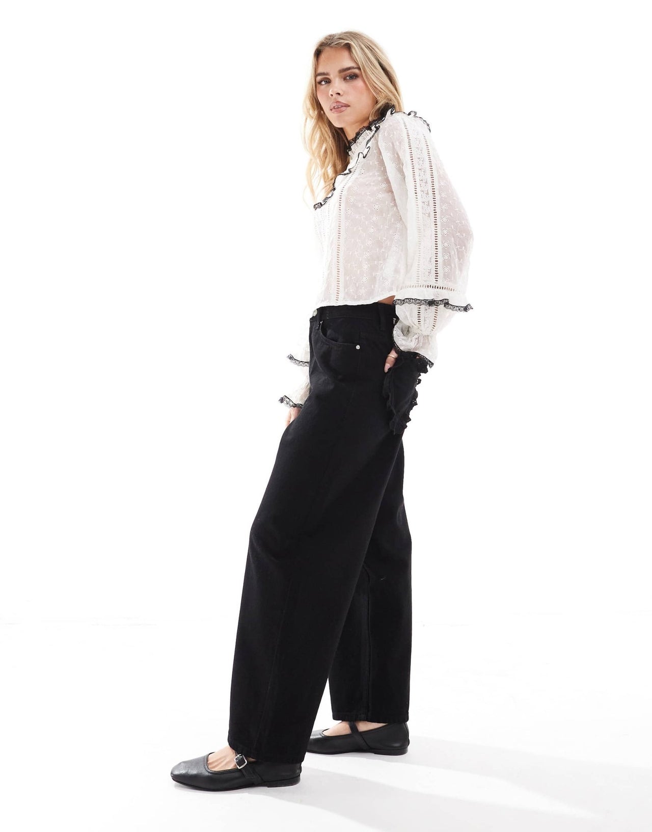Miss Selfridge Petite broderie heart pocket baggy jean in black wash - ASOS Sample Sale