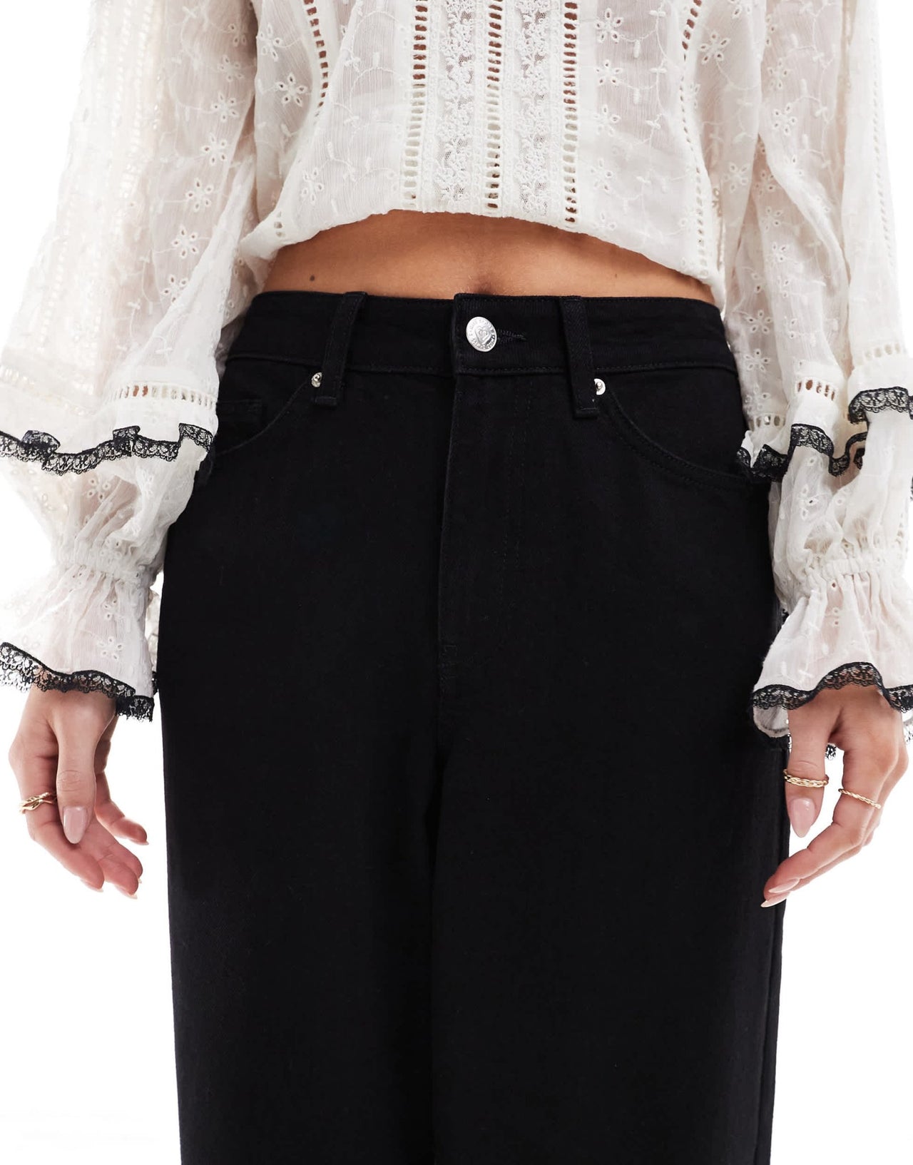 Miss Selfridge Petite broderie heart pocket baggy jean in black wash - ASOS Sample Sale