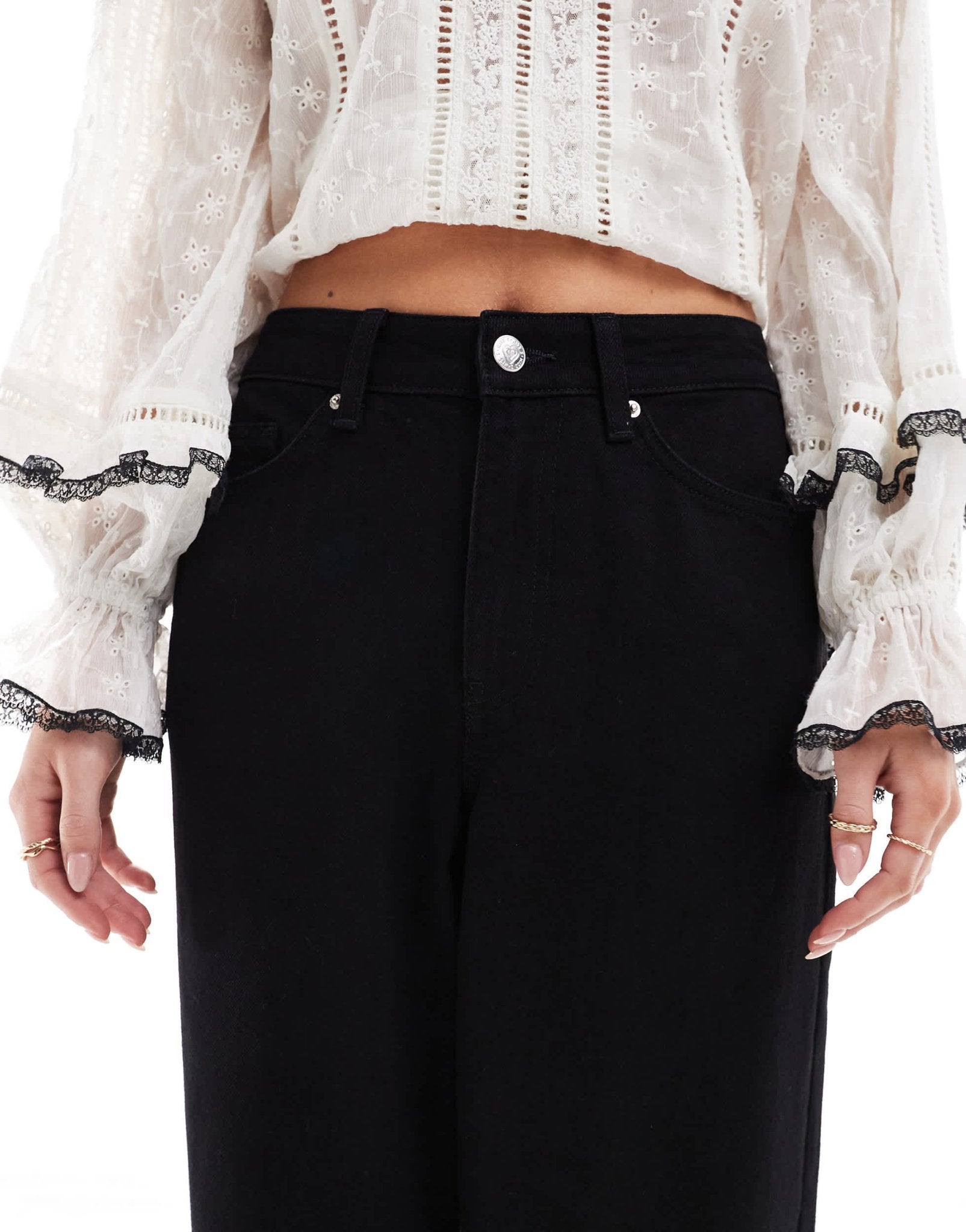 Miss Selfridge Petite broderie heart pocket baggy jean in black wash - ASOS Sample Sale