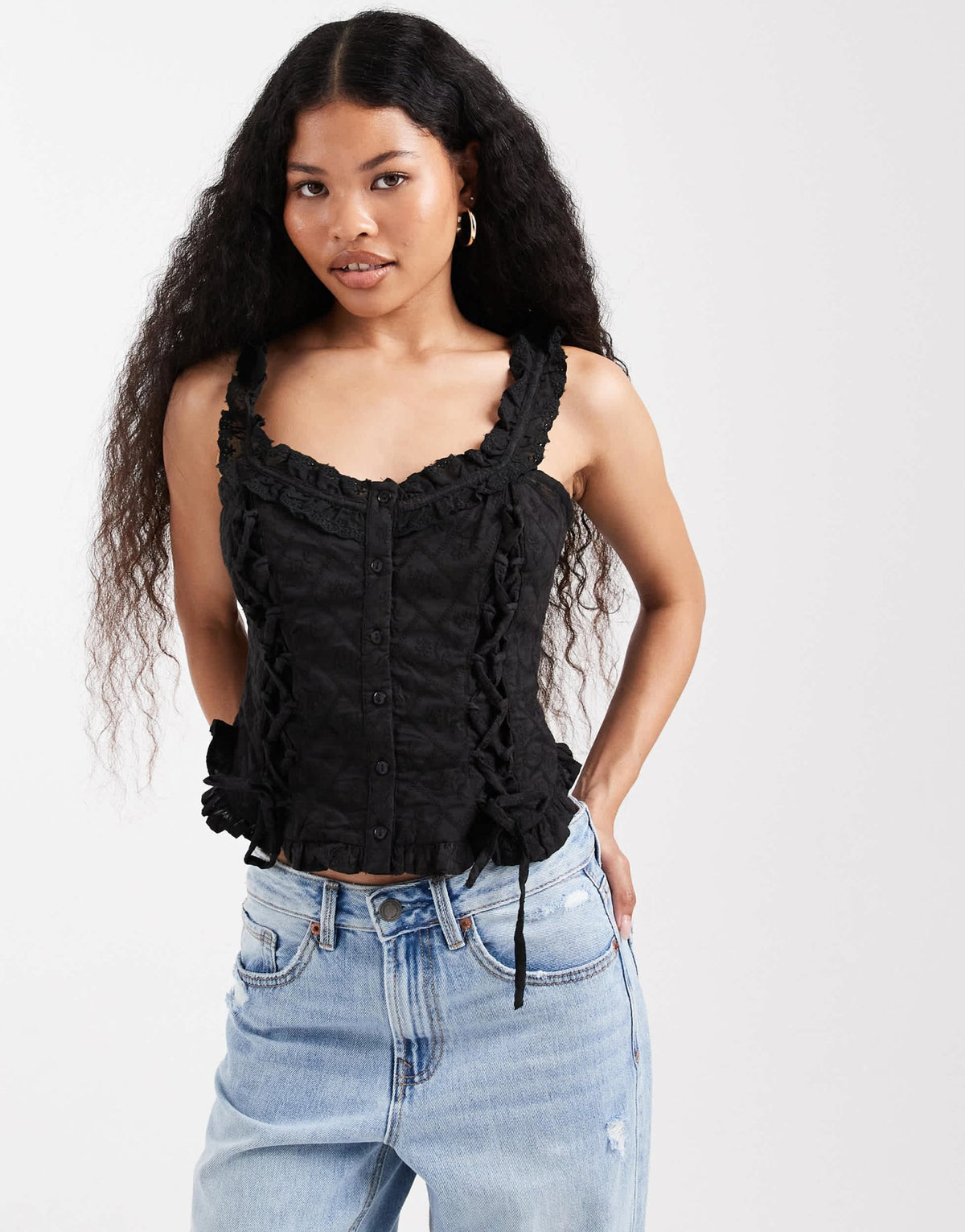 Miss Selfridge Petite cotton broderie corset top in black - ASOS Sample Sale