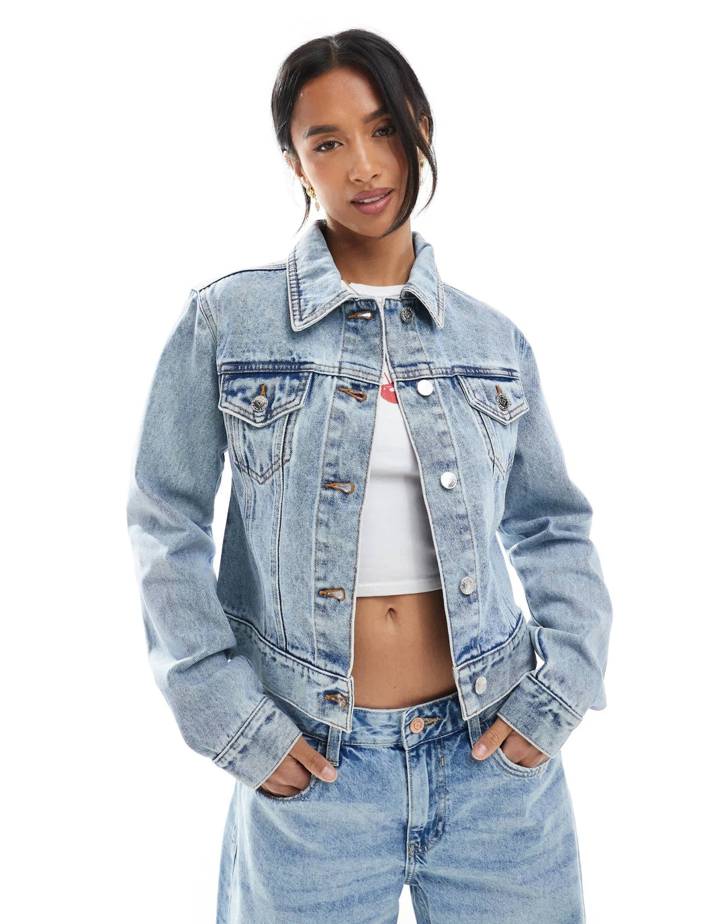 Miss Selfridge Petite denim girlfriend jacket in light blue wash - ASOS Sample Sale