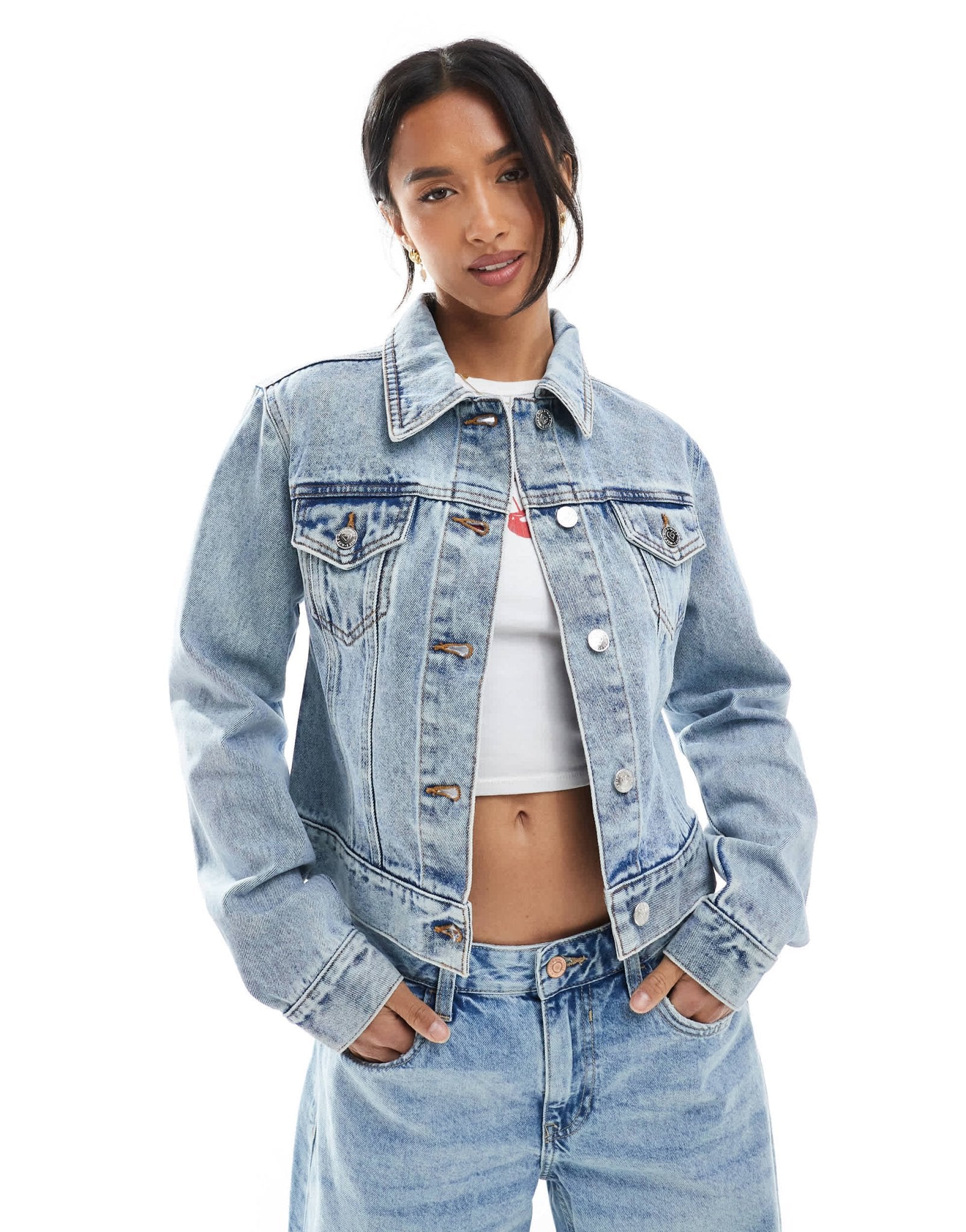 Miss Selfridge Petite denim girlfriend jacket in light blue wash - ASOS Sample Sale