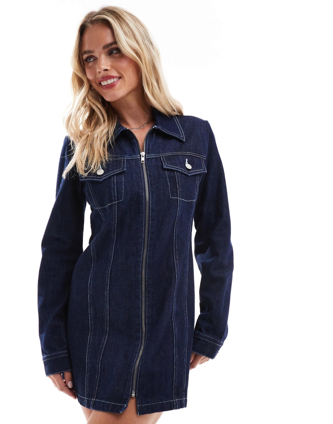 Miss Selfridge Petite denim zip shirt dress in dark wash - ASOS Sample Sale