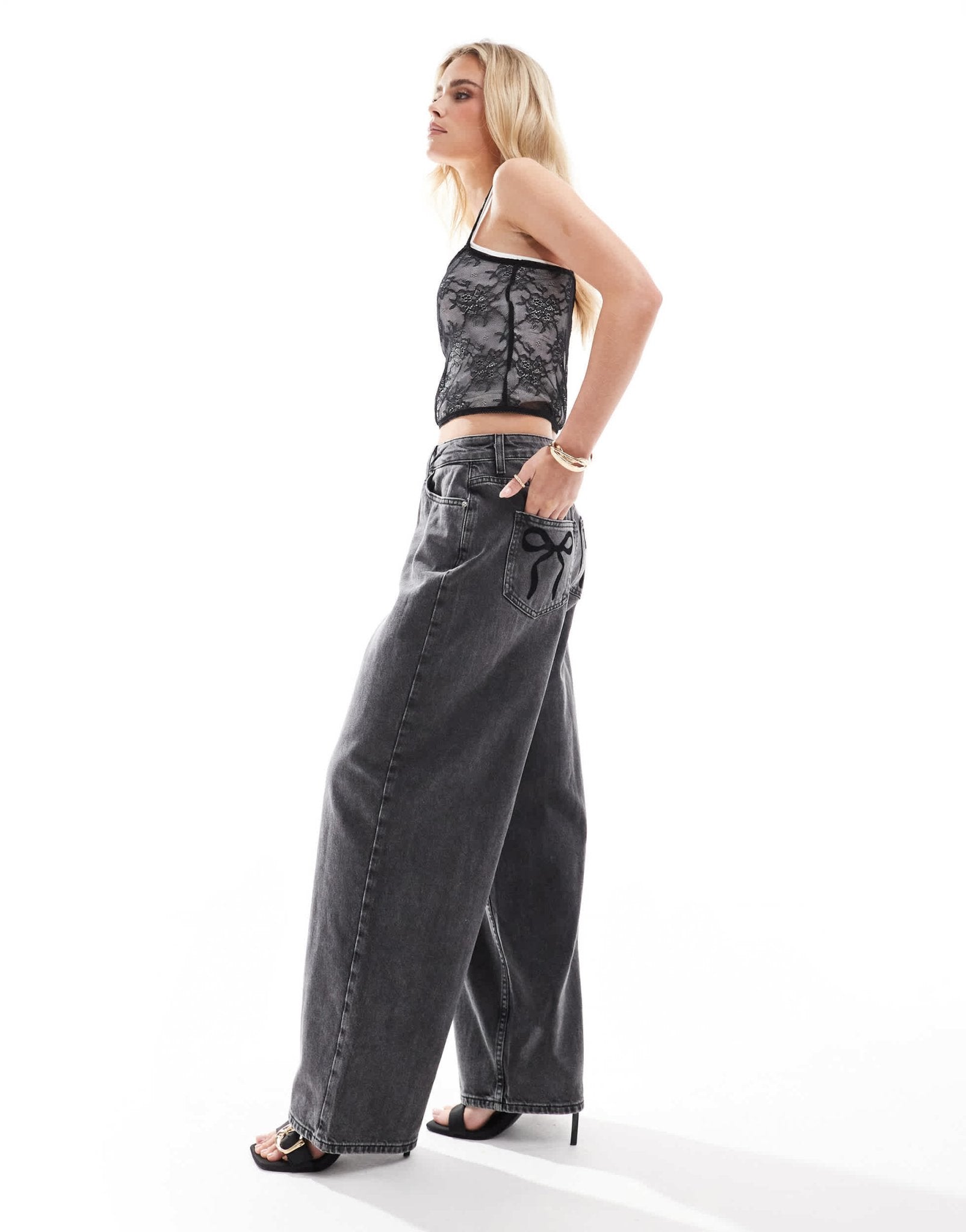 Miss Selfridge Petite flocked bow pocket baggy jean in black wash - ASOS Sample Sale