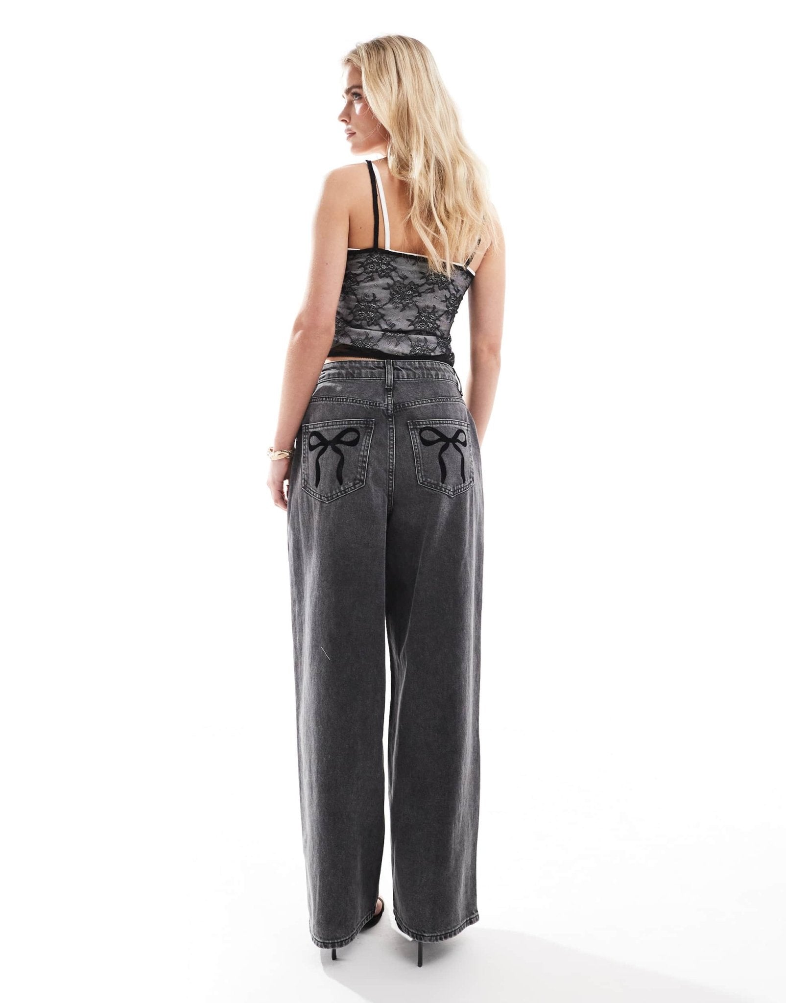 Miss Selfridge Petite flocked bow pocket baggy jean in black wash - ASOS Sample Sale