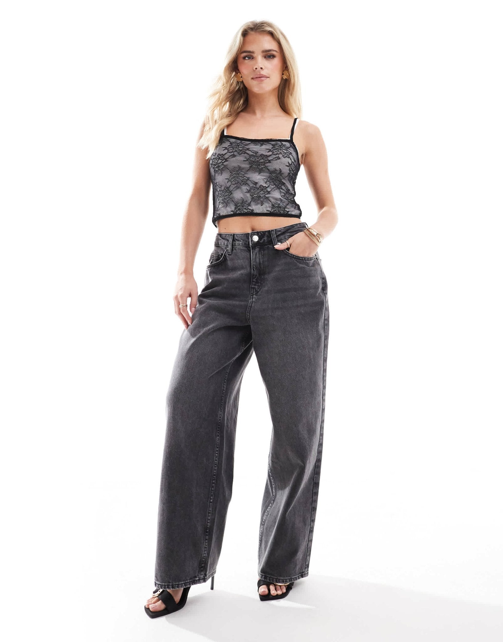 Miss Selfridge Petite flocked bow pocket baggy jean in black wash - ASOS Sample Sale