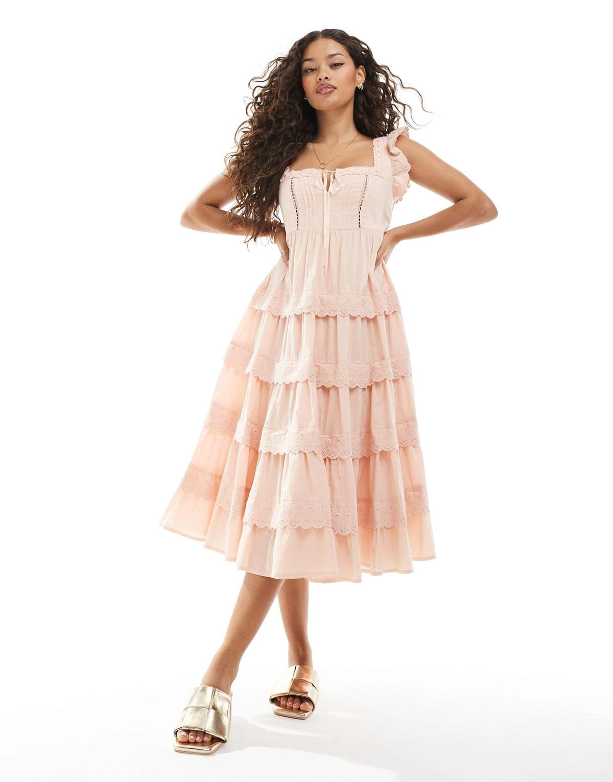 Miss Selfridge Petite lace broderie trim babydoll midi dress in peach - ASOS Sample Sale