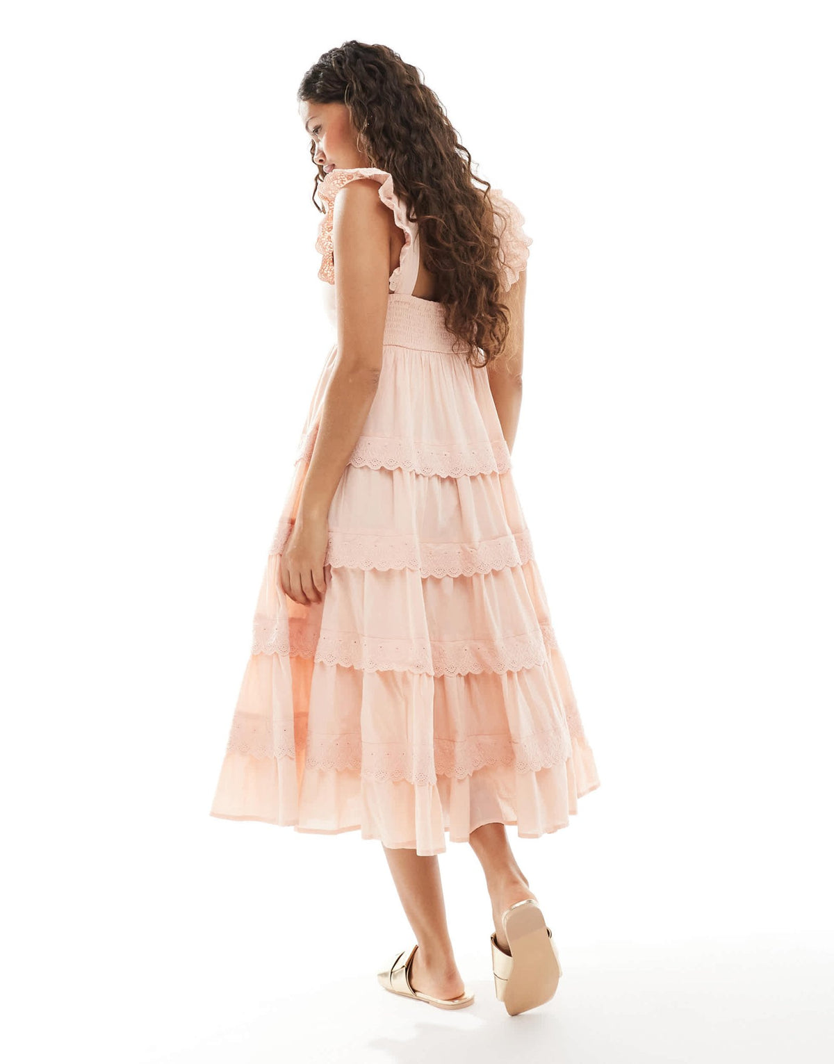Miss Selfridge Petite lace broderie trim babydoll midi dress in peach - ASOS Sample Sale