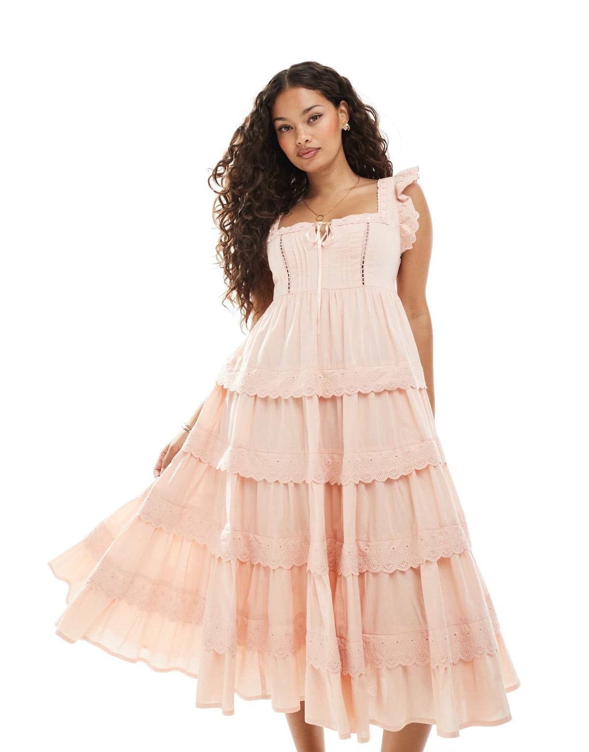 Miss Selfridge Petite lace broderie trim babydoll midi dress in peach - ASOS Sample Sale