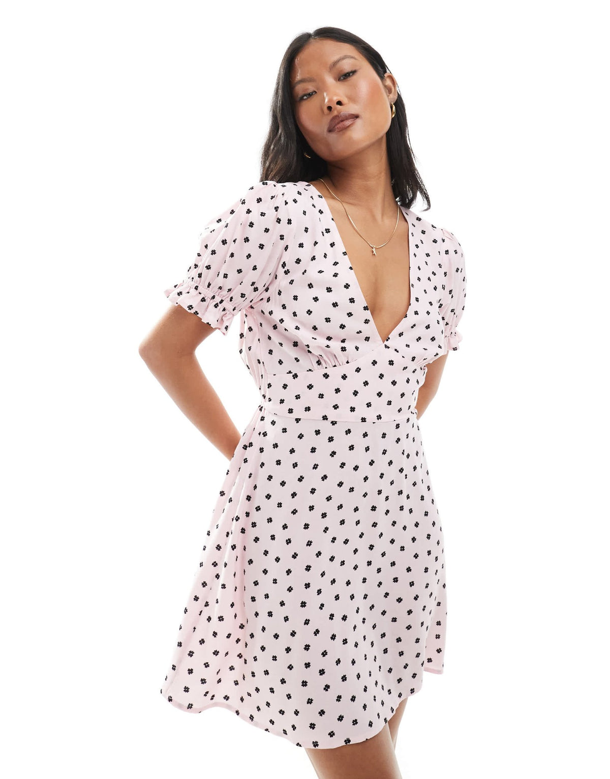 Miss Selfridge Petite mini tea dress in spun in pink polka dot print - ASOS Sample Sale