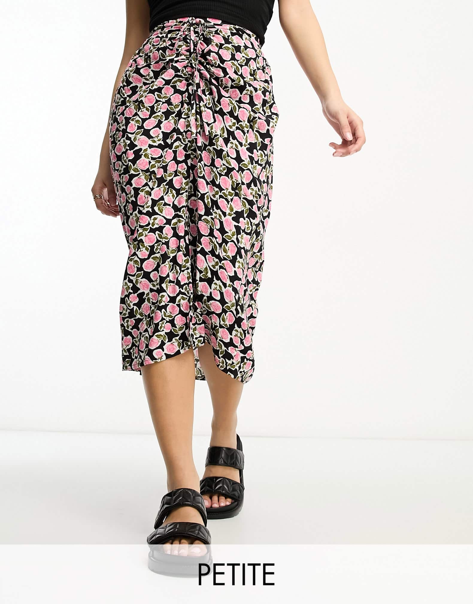 Miss Selfridge Petite ruched front midi skirt in black rose - ASOS Sample Sale