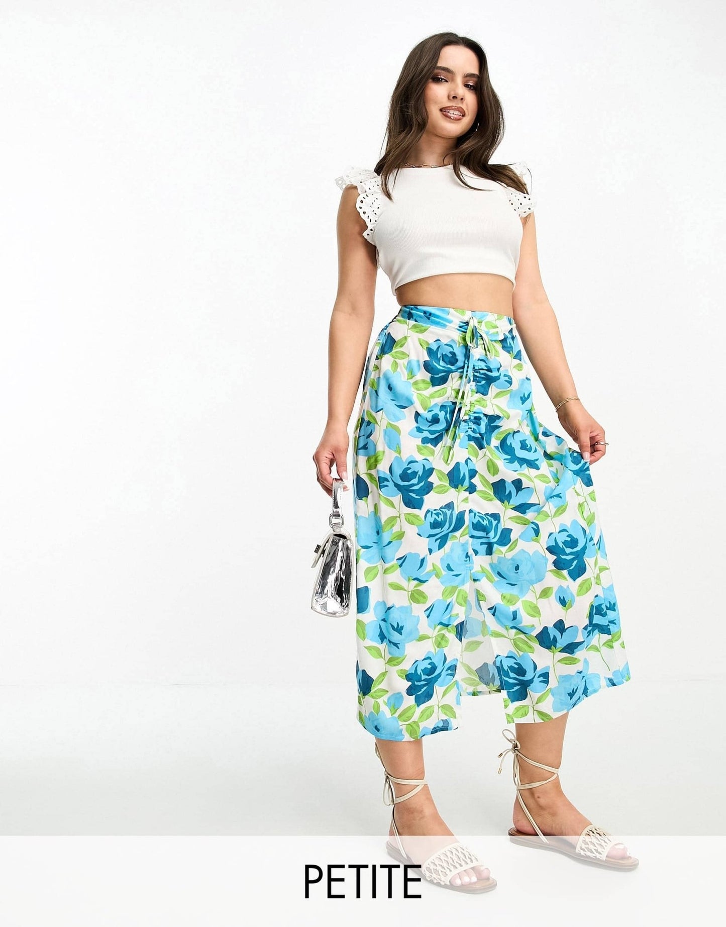 Miss Selfridge Petite ruched front midi skirt in oversized blue rose - ASOS Sample Sale